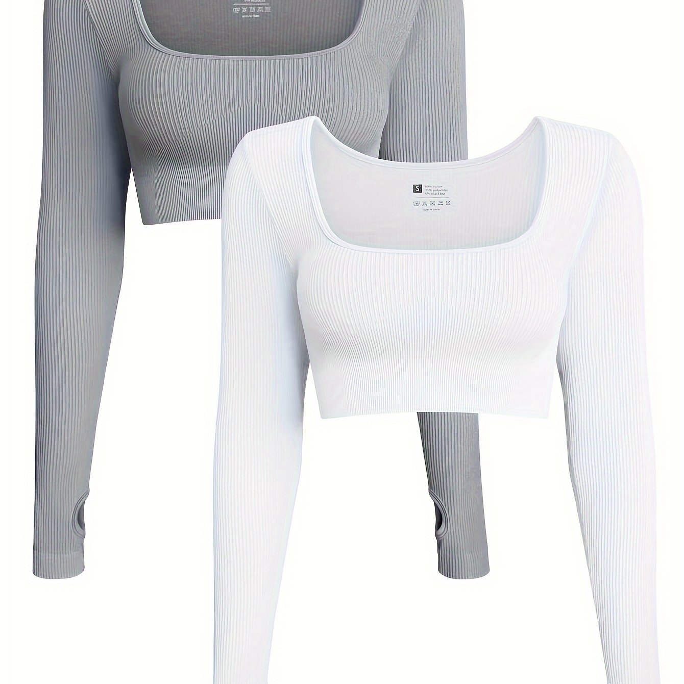 OQQ Women's 2 Piece Crop Top Ribbed Seamless Workout Exercise Long Sleeve Crop Tops