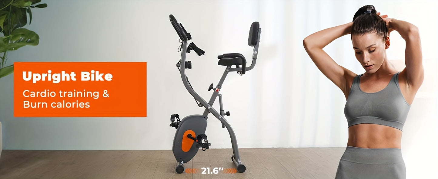 Folding Exercise Bike, Stationary Exercise Bike With Support Back Pad And Phone/Tablet Holder, Arm Resistance Band Pulse Sensor, LCD Monitor For Home Workout