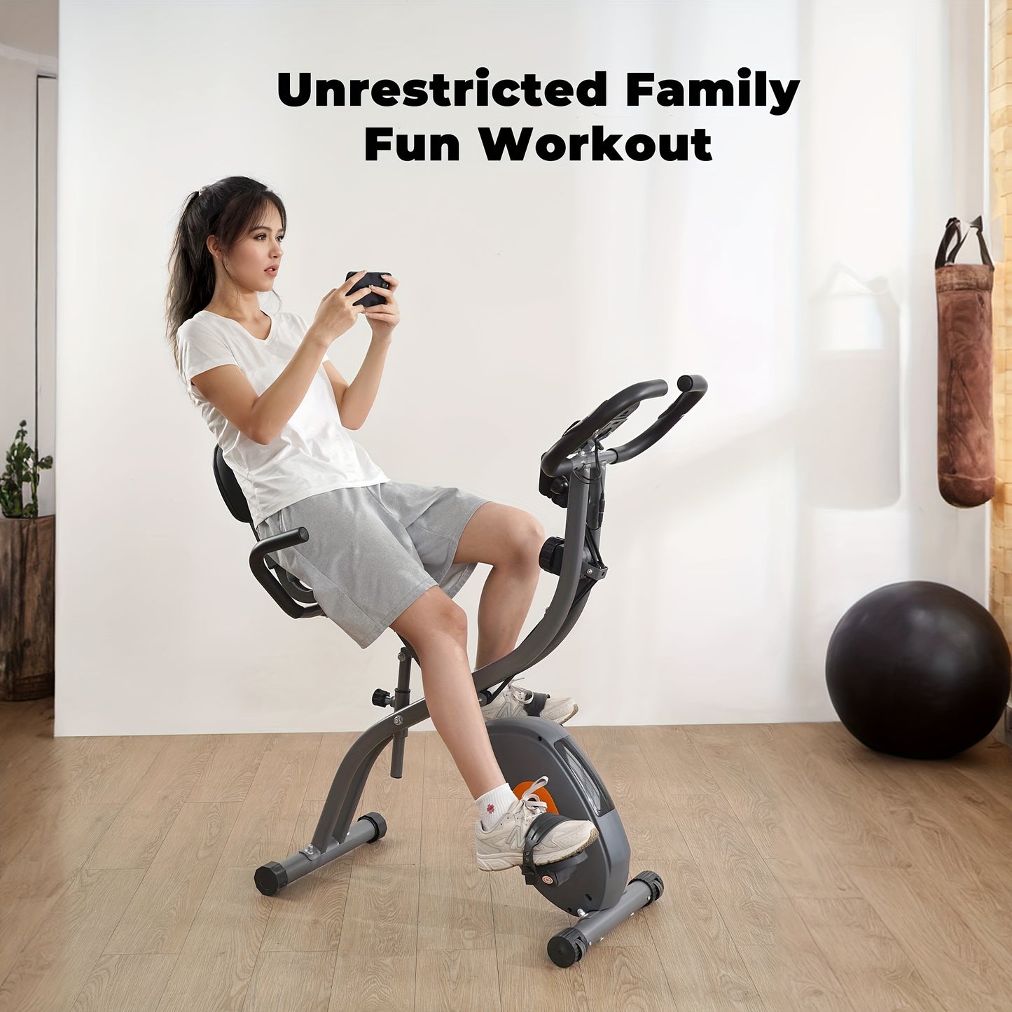 Folding Exercise Bike, Stationary Exercise Bike With Support Back Pad And Phone/Tablet Holder, Arm Resistance Band Pulse Sensor, LCD Monitor For Home Workout