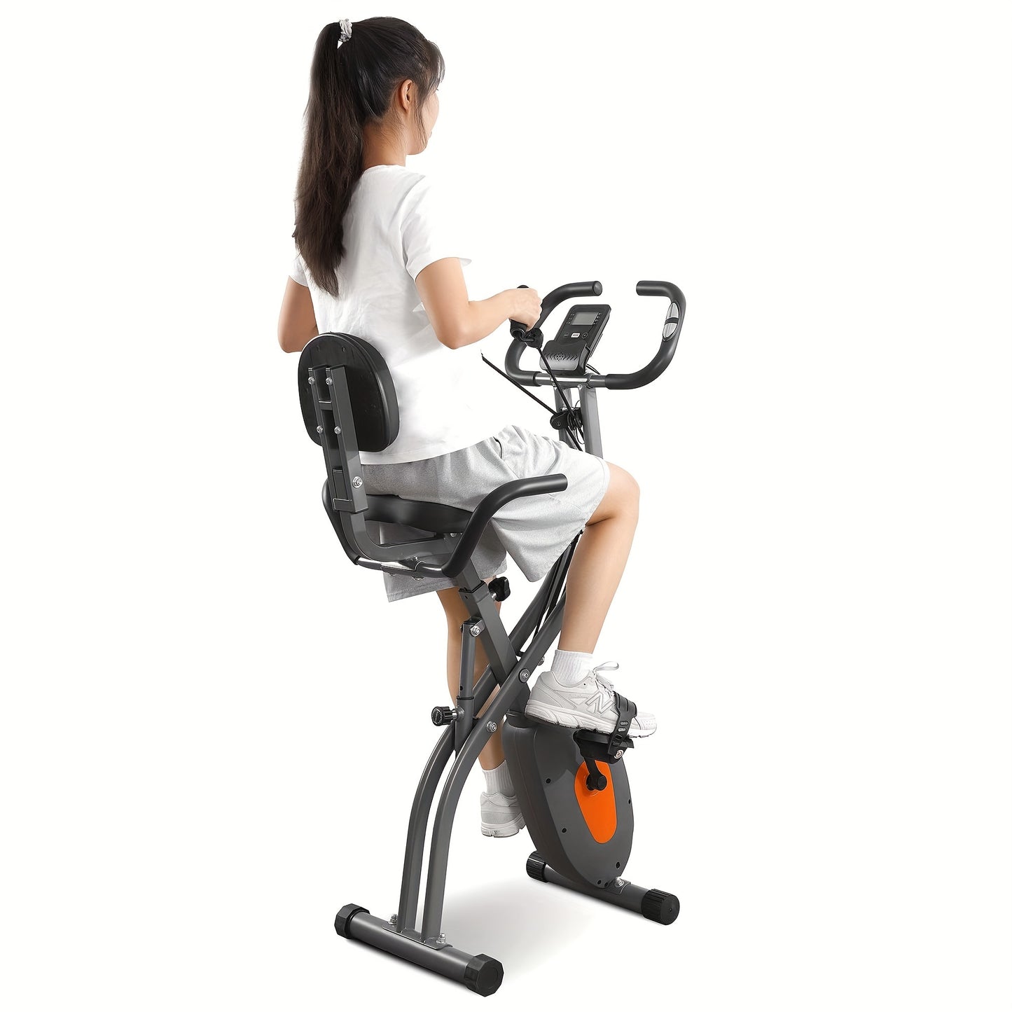 Folding Exercise Bike, Stationary Exercise Bike With Support Back Pad And Phone/Tablet Holder, Arm Resistance Band Pulse Sensor, LCD Monitor For Home Workout