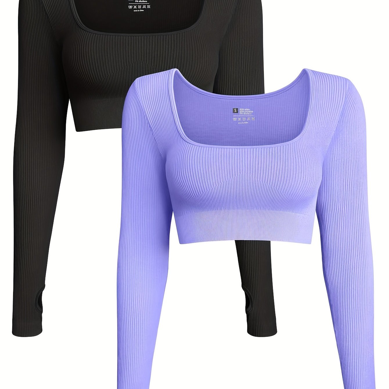 OQQ Women's 2 Piece Crop Top Ribbed Seamless Workout Exercise Long Sleeve Crop Tops