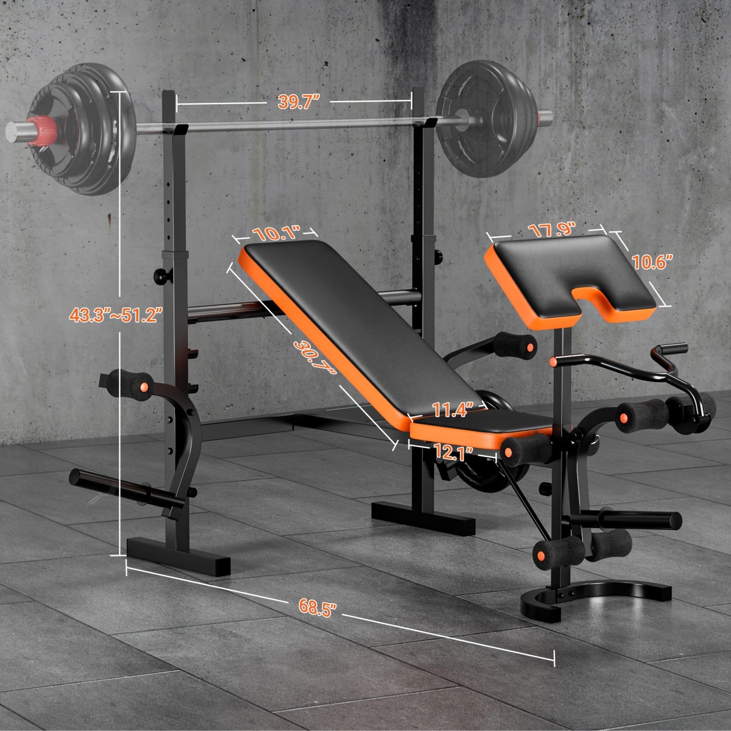 Stainless Steel Adjustable Weight Bench Set - Versatile Full-Body Workout Equipment with Squat & Preacher Curl Pads - Easy Assembly for Home Gym