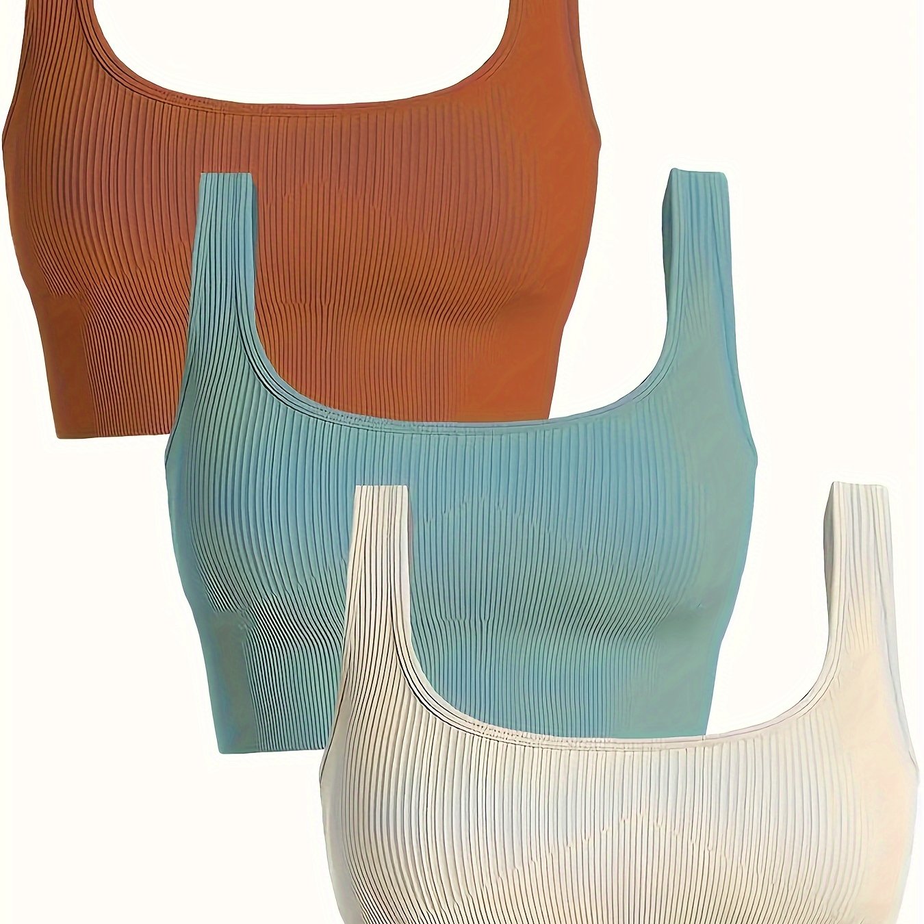 Women's 3 Piece Tank Tops Ribbed Seamless Solid Color Comfy Workout Exercise Everyday Bra Set