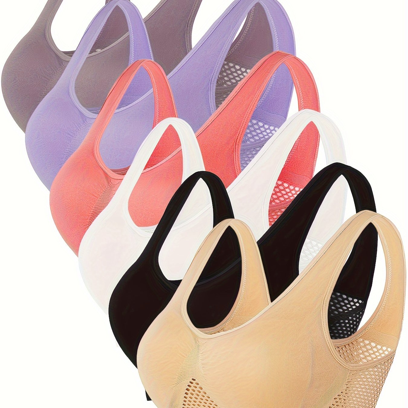 6-Pack Women's Sports Bras in Solid Colors, Wire-Free with Breathable Hollow-Out Design, Soft versatile Activity Bras, Comfortable Activewear for Fitness & Exercise