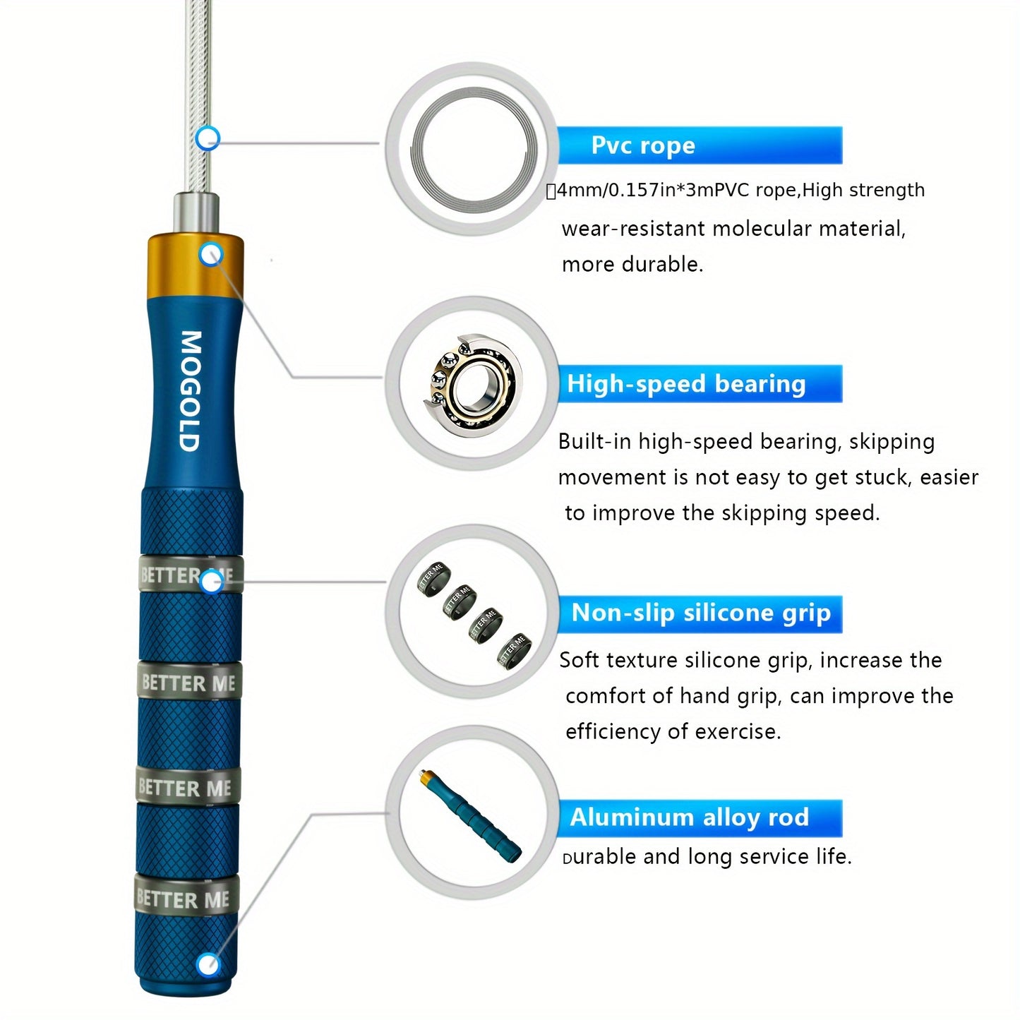 MOGOLD Professional Adjustable Speed Jump Rope - Exercise and Fitness Skipping Rope for Men and Women, Uncharged, Aluminum Alloy Handle, Suitable for Ages 14+ - 1pc