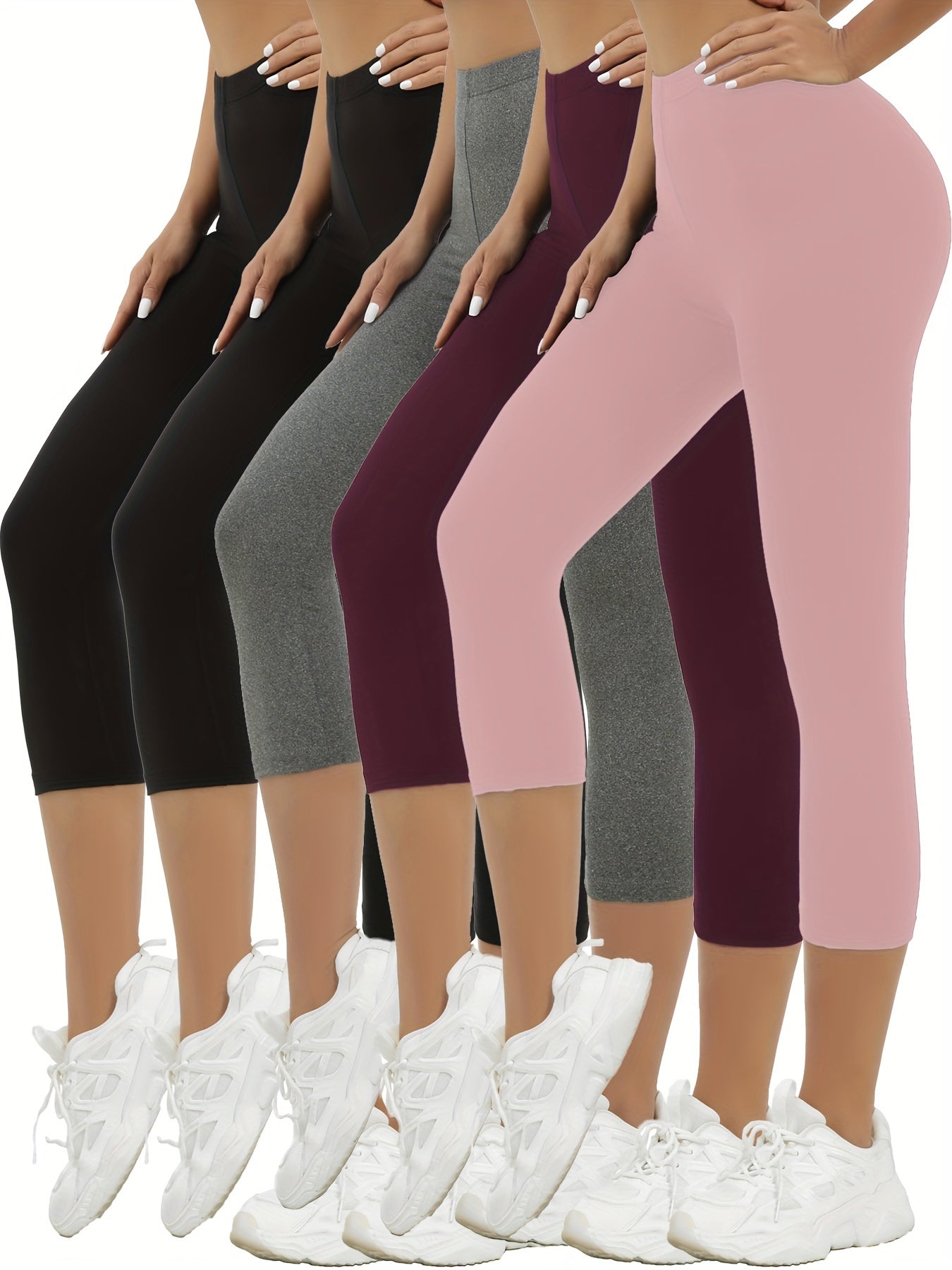5-Pack Womens Capri Leggings - Ultra-Stretchy, Silky Smooth, Opaque Fabric for Maximum Comfort - Ideal for Fitness, Exercise, Running, Yoga, and Active Lifestyle with Endless Outfit Options