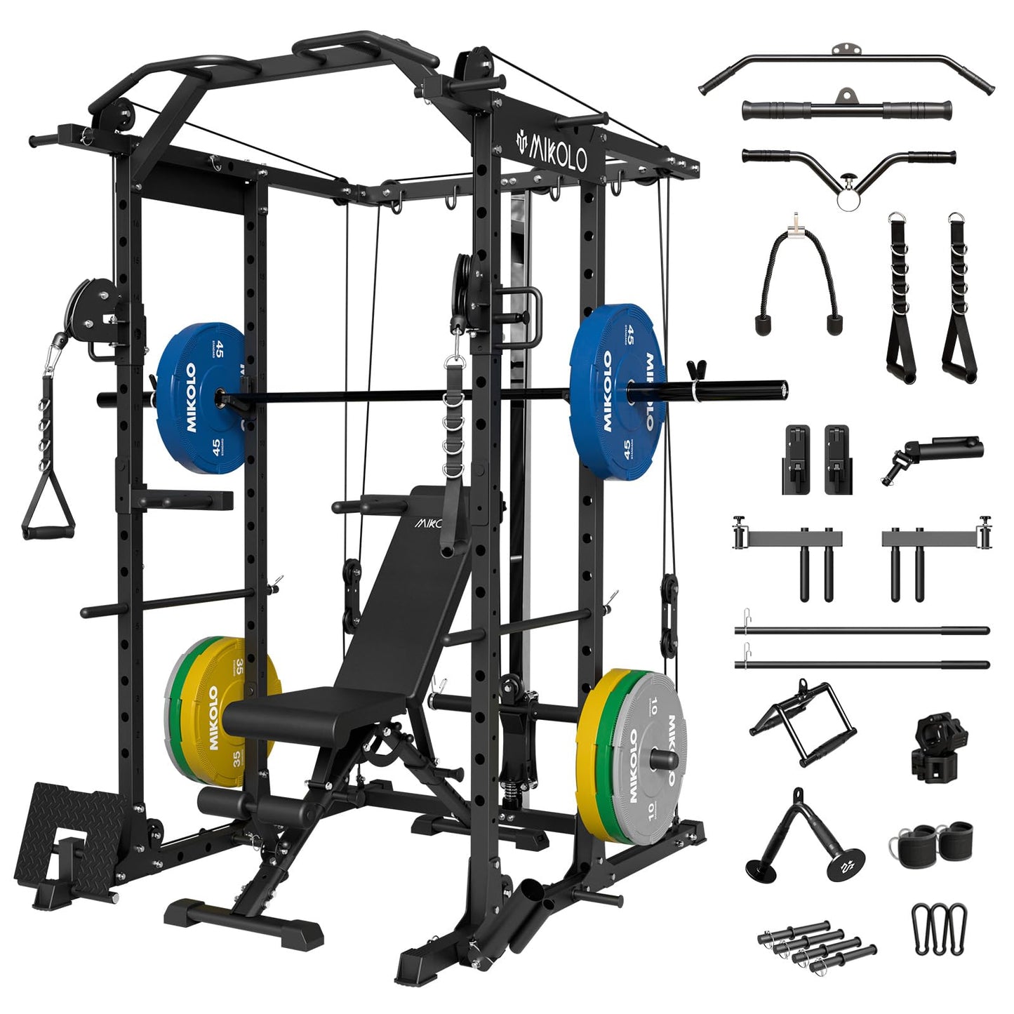 Mikolo Power Cage, Power Rack with Cable Crossover System, 1500LBS Squat Rack with LAT Pull Down System, Workout Cage with Pulley System for Fitness Home Gym