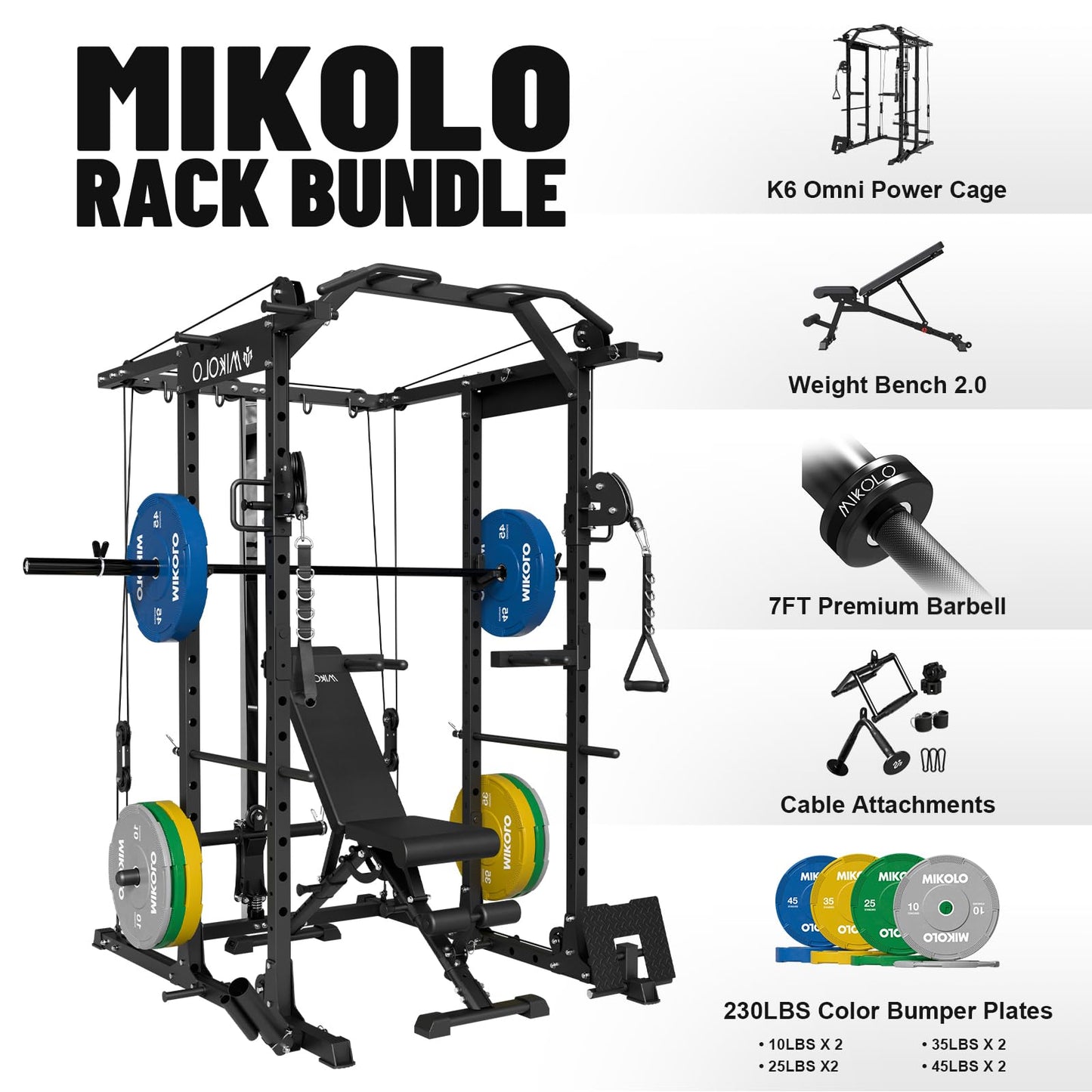 Mikolo Power Cage, Power Rack with Cable Crossover System, 1500LBS Squat Rack with LAT Pull Down System, Workout Cage with Pulley System for Fitness Home Gym