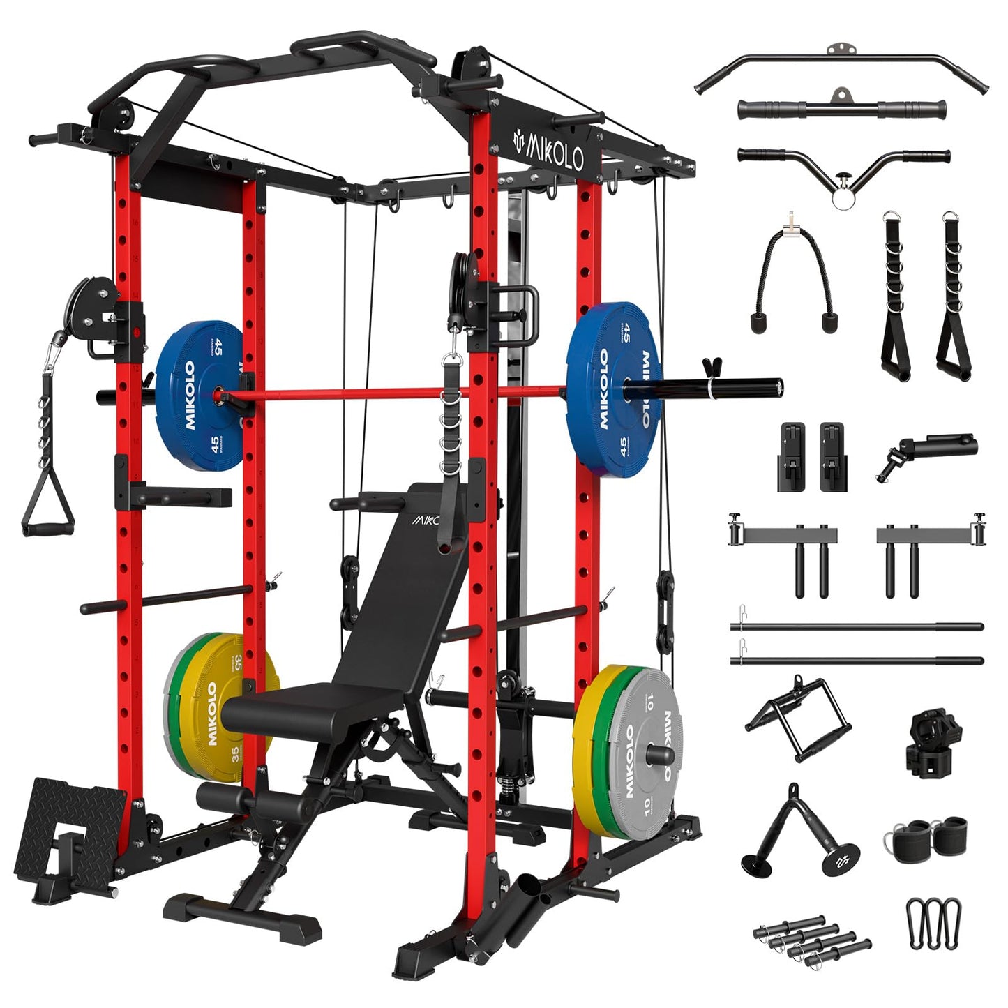 Mikolo Power Cage, Power Rack with Cable Crossover System, 1500LBS Squat Rack with LAT Pull Down System, Workout Cage with Pulley System for Fitness Home Gym