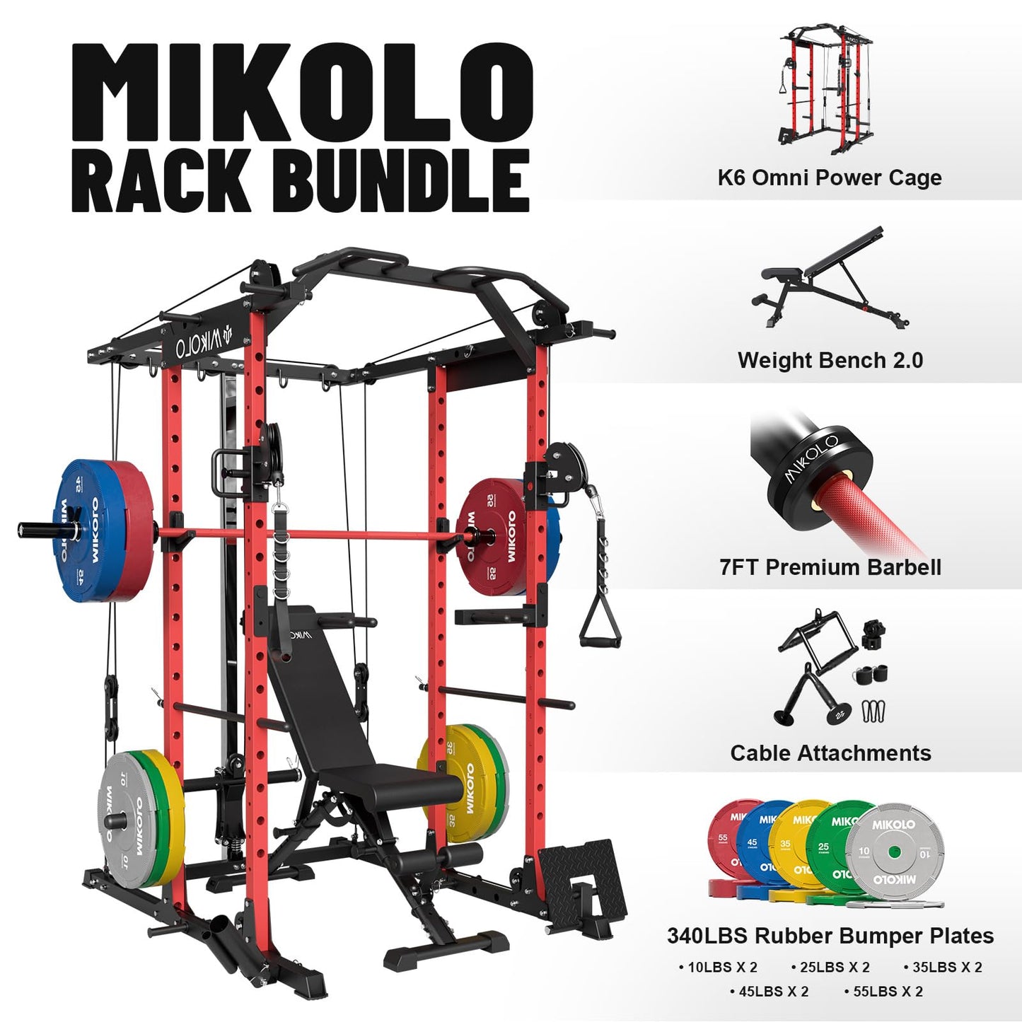 Mikolo Power Cage, Power Rack with Cable Crossover System, 1500LBS Squat Rack with LAT Pull Down System, Workout Cage with Pulley System for Fitness Home Gym