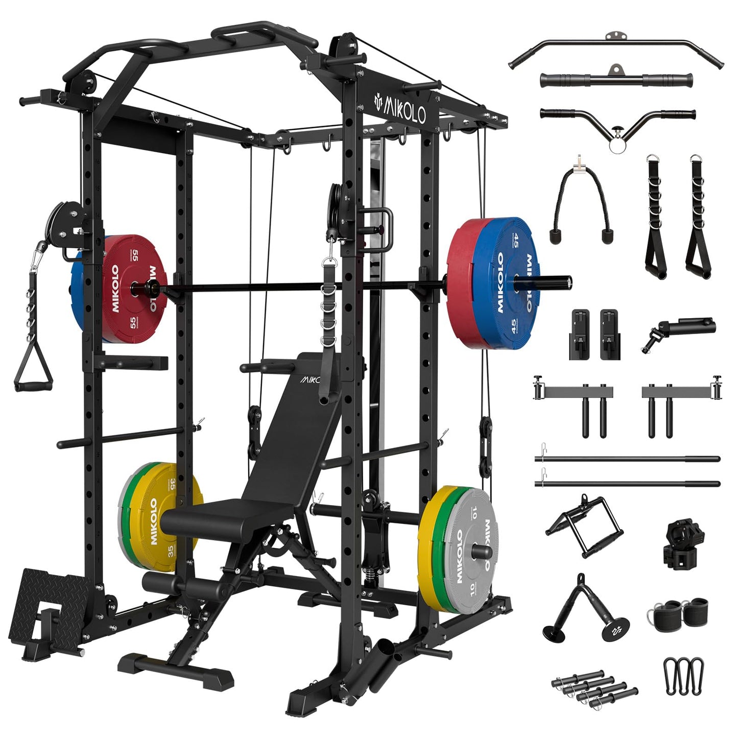 Mikolo Power Cage, Power Rack with Cable Crossover System, 1500LBS Squat Rack with LAT Pull Down System, Workout Cage with Pulley System for Fitness Home Gym