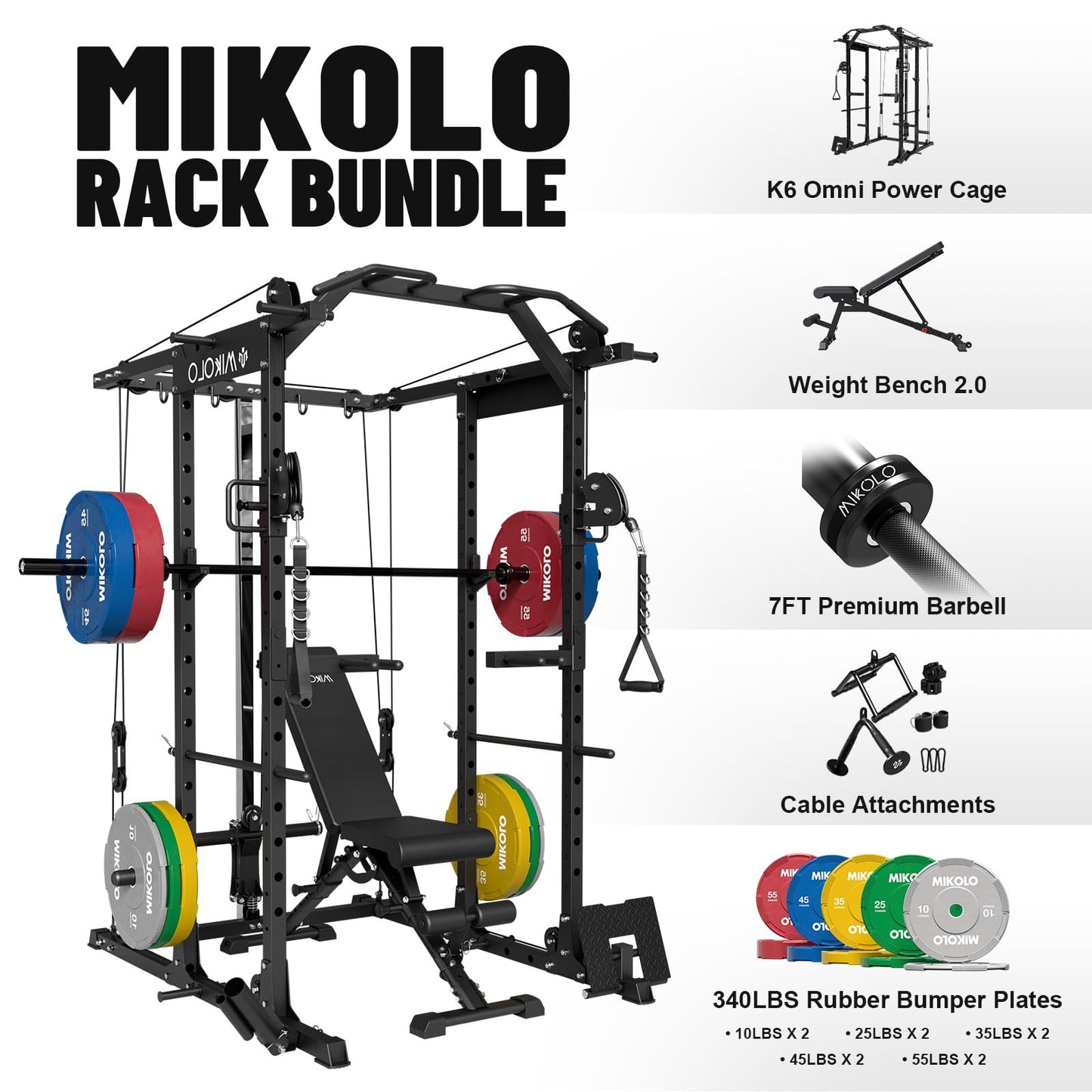 Mikolo Power Cage, Power Rack with Cable Crossover System, 1500LBS Squat Rack with LAT Pull Down System, Workout Cage with Pulley System for Fitness Home Gym