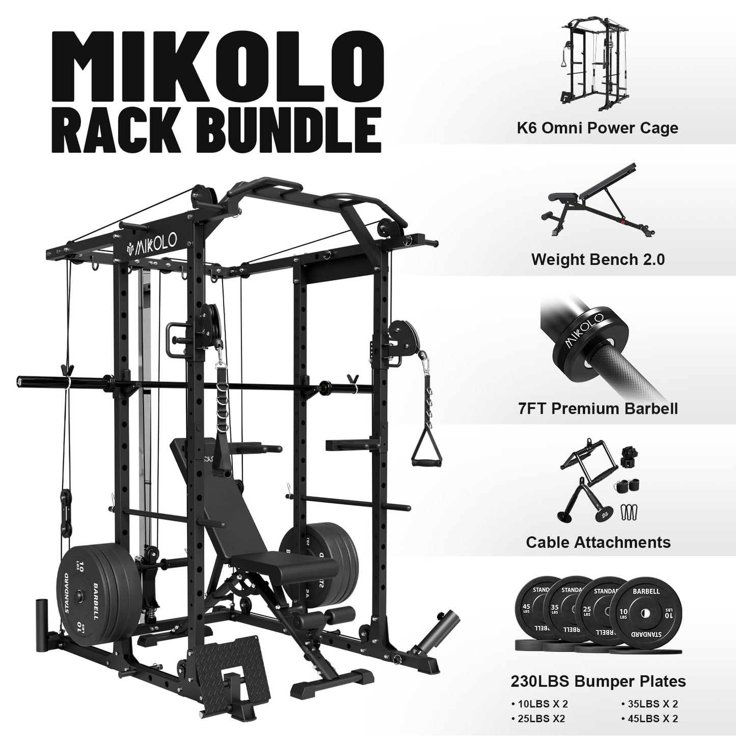 Mikolo Power Cage, Power Rack with Cable Crossover System, 1500LBS Squat Rack with LAT Pull Down System, Workout Cage with Pulley System for Fitness Home Gym