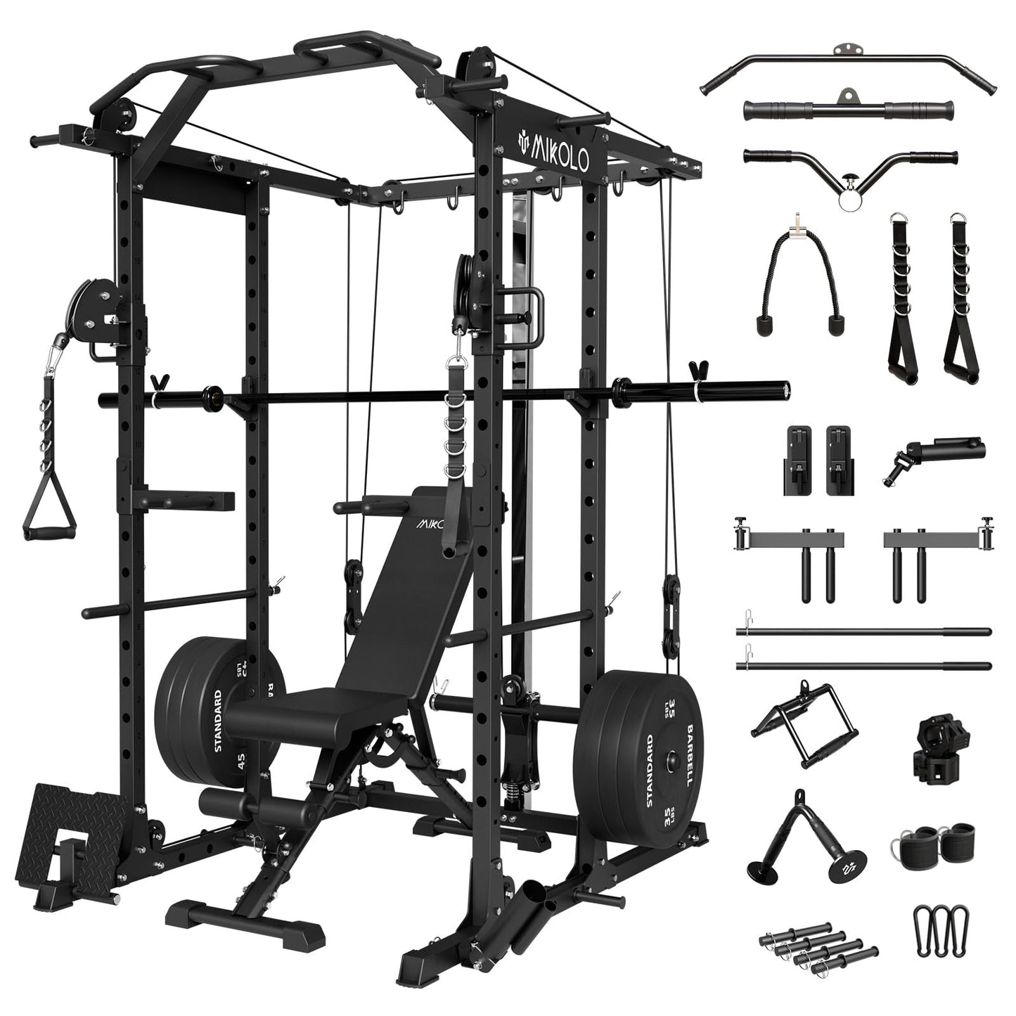 Mikolo Power Cage, Power Rack with Cable Crossover System, 1500LBS Squat Rack with LAT Pull Down System, Workout Cage with Pulley System for Fitness Home Gym