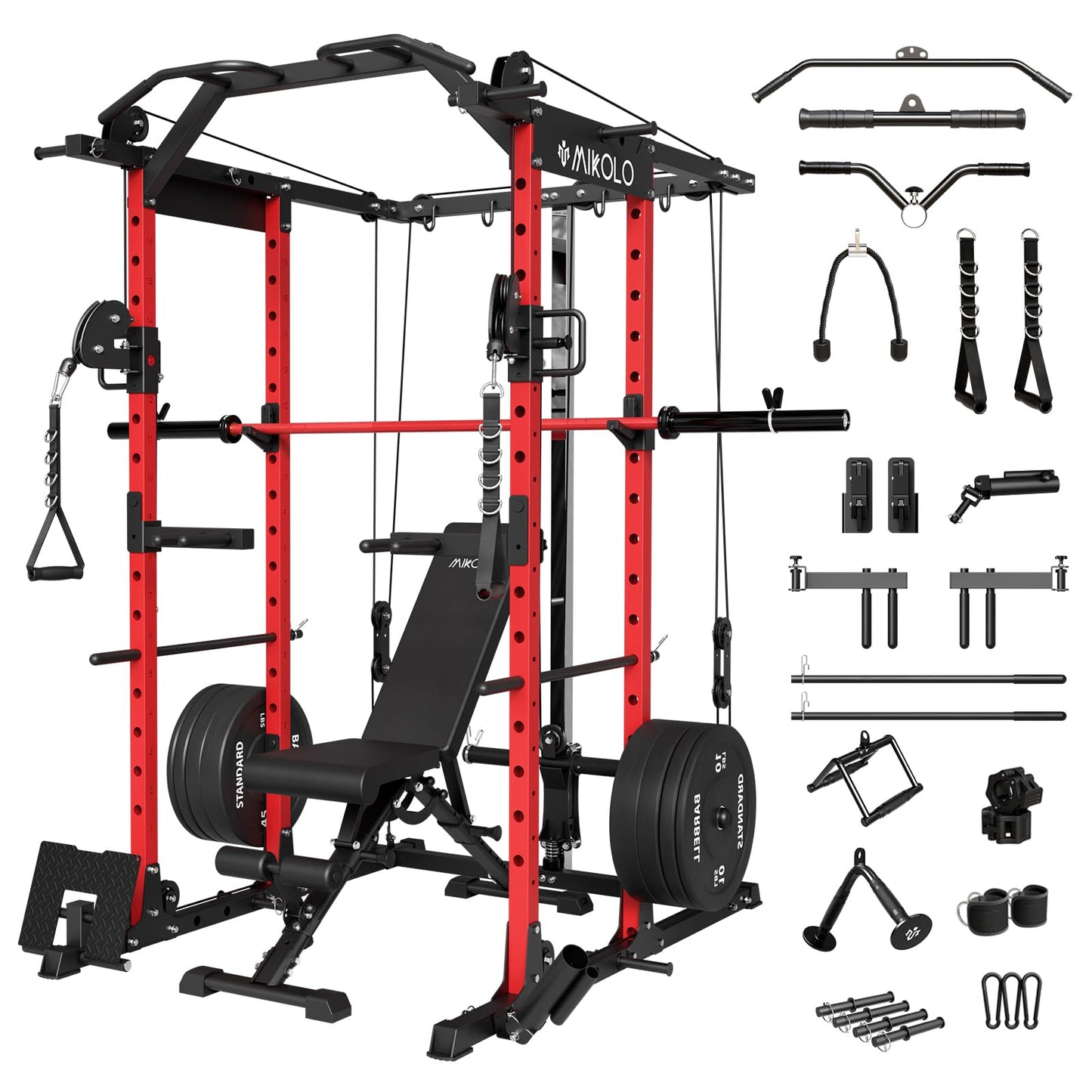 Mikolo Power Cage, Power Rack with Cable Crossover System, 1500LBS Squat Rack with LAT Pull Down System, Workout Cage with Pulley System for Fitness Home Gym