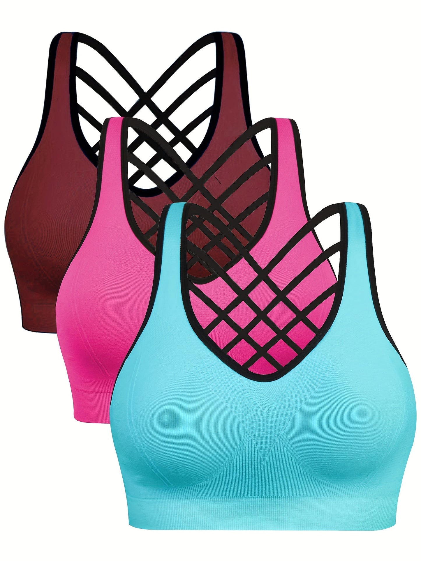 3pcs Women'S Sports Bra Set - Short, Removable Padding, Light Support, Cross Strap Design for Yoga & Exercise, Pink, White, and Blue Options, Yoga Apparel | Stylish Sports Bra | Comfortable Fit, Sports Bra Set