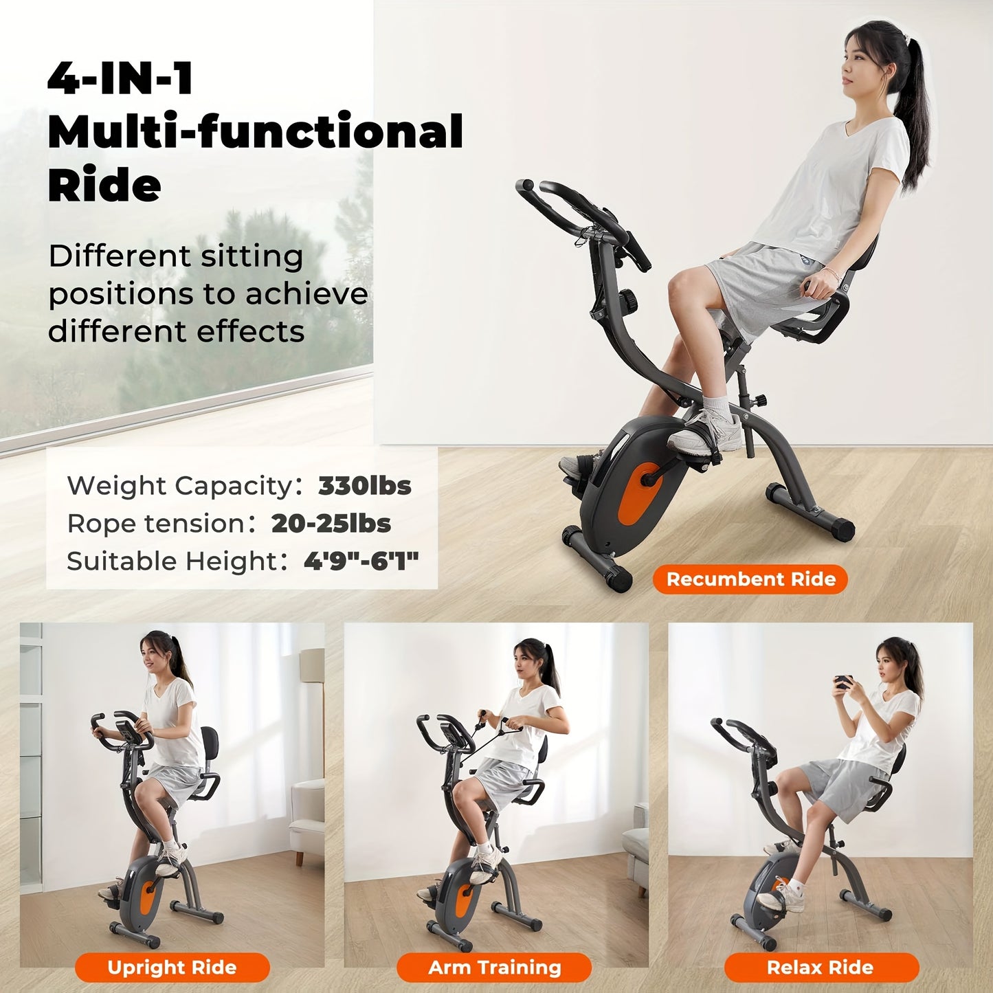 Folding Exercise Bike, Stationary Exercise Bike With Support Back Pad And Phone/Tablet Holder, Arm Resistance Band Pulse Sensor, LCD Monitor For Home Workout