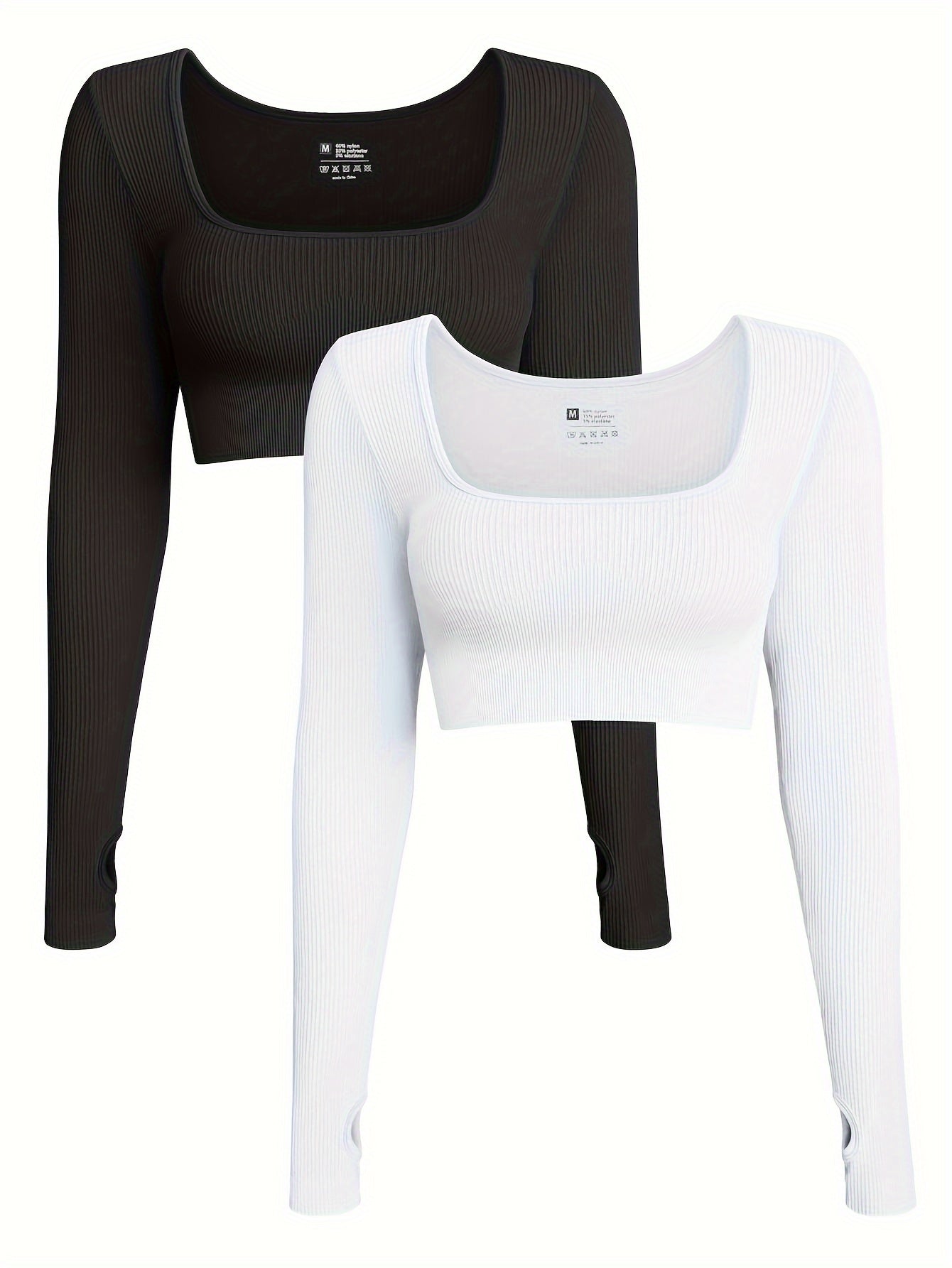 OQQ Women's 2 Piece Crop Top Ribbed Seamless Workout Exercise Long Sleeve Crop Tops