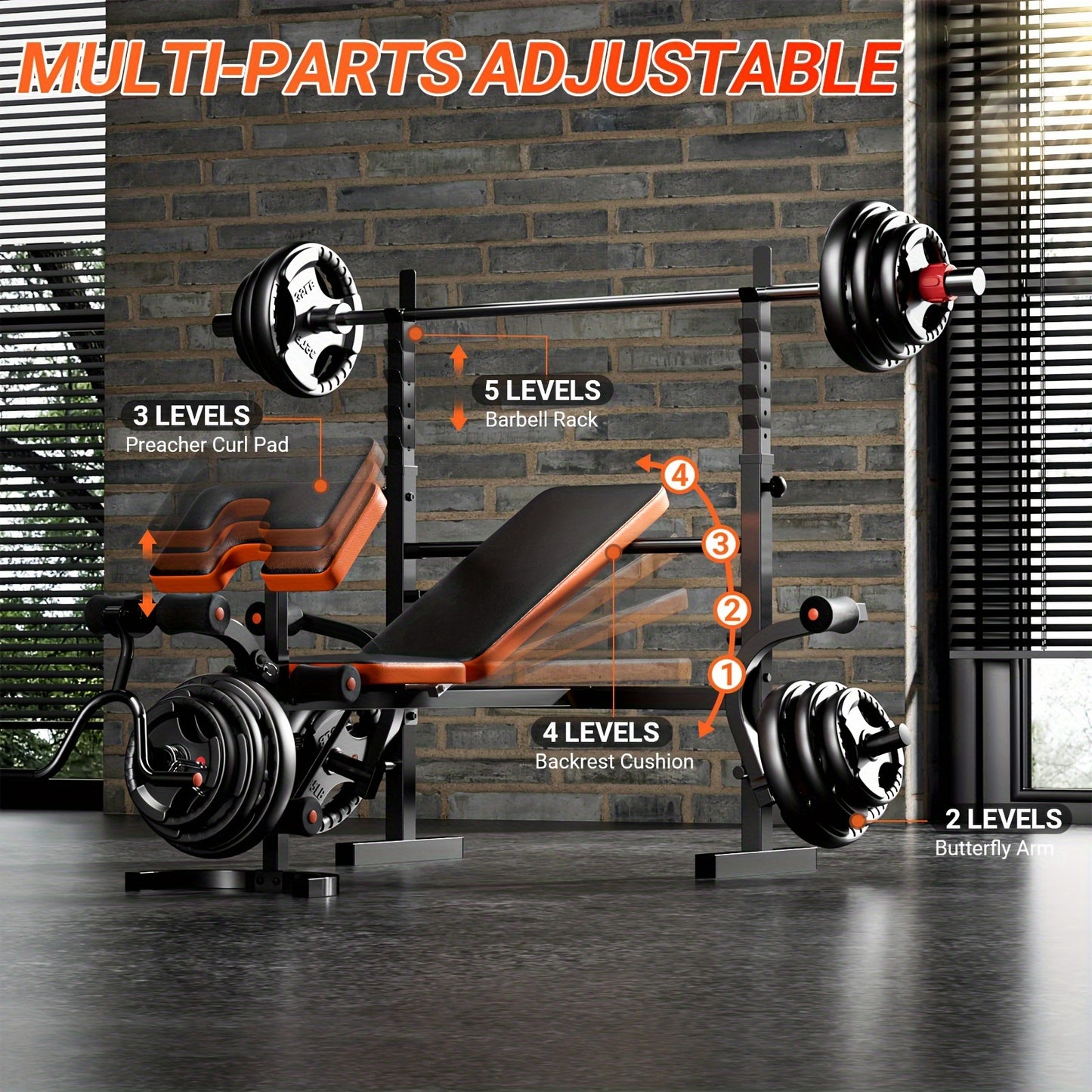 Stainless Steel Adjustable Weight Bench Set - Versatile Full-Body Workout Equipment with Squat & Preacher Curl Pads - Easy Assembly for Home Gym