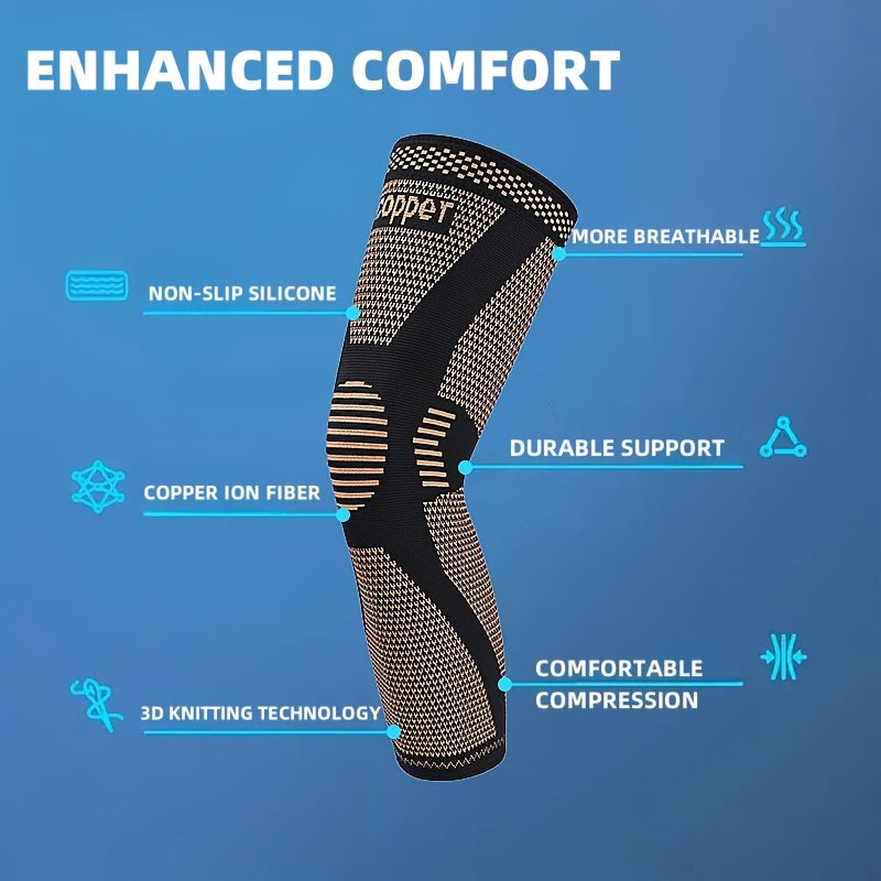 2pcs Extended Copper Ion Fiber Knitted Knee Pad, Copper Fiber Four Sided Elastic Nylon Knee Pads, Thickened For Warmth, Breathable Sports Knee Support For Running, Work Out, Gym, Hiking, Athletic Fitness & Exercise