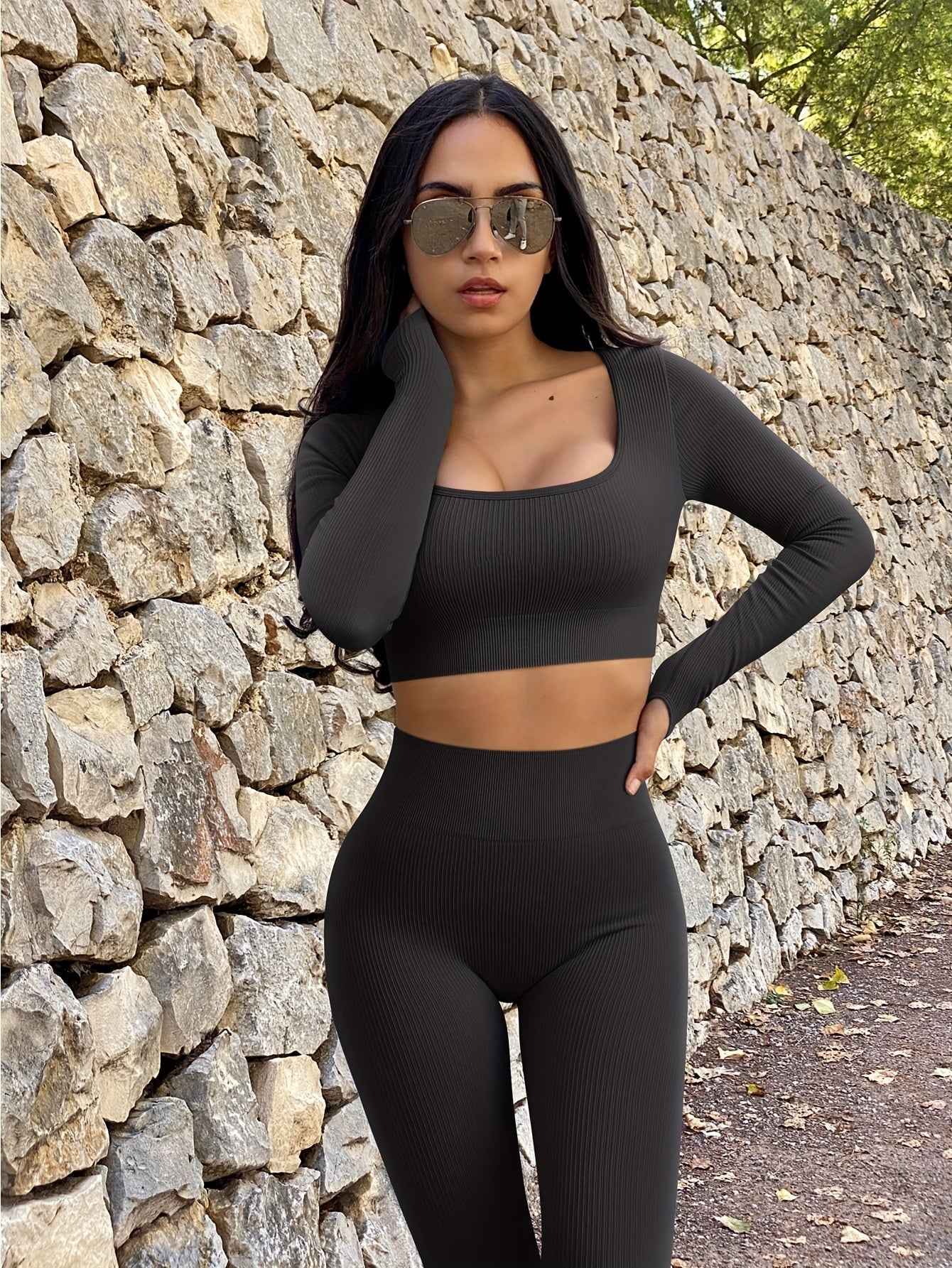 OQQ Women's 2 Piece Crop Top Ribbed Seamless Workout Exercise Long Sleeve Crop Tops