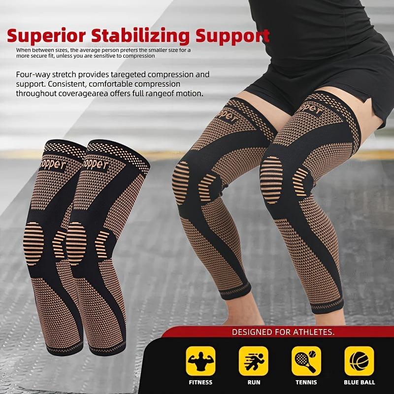 2pcs Extended Copper Ion Fiber Knitted Knee Pad, Copper Fiber Four Sided Elastic Nylon Knee Pads, Thickened For Warmth, Breathable Sports Knee Support For Running, Work Out, Gym, Hiking, Athletic Fitness & Exercise