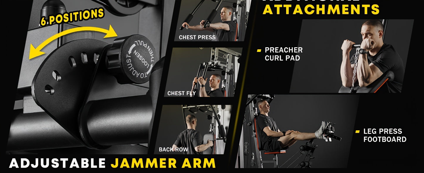 10-in-1 Home Gym Station with 150LBS Weight Stack, All-in-One Workout Equipment for Full Body Training, Multi-Functional Iron Gym Machine with Fly, Lat Pull Down, Chest Press, Leg Extension, Preacher Curl, Core & Calf Trainin