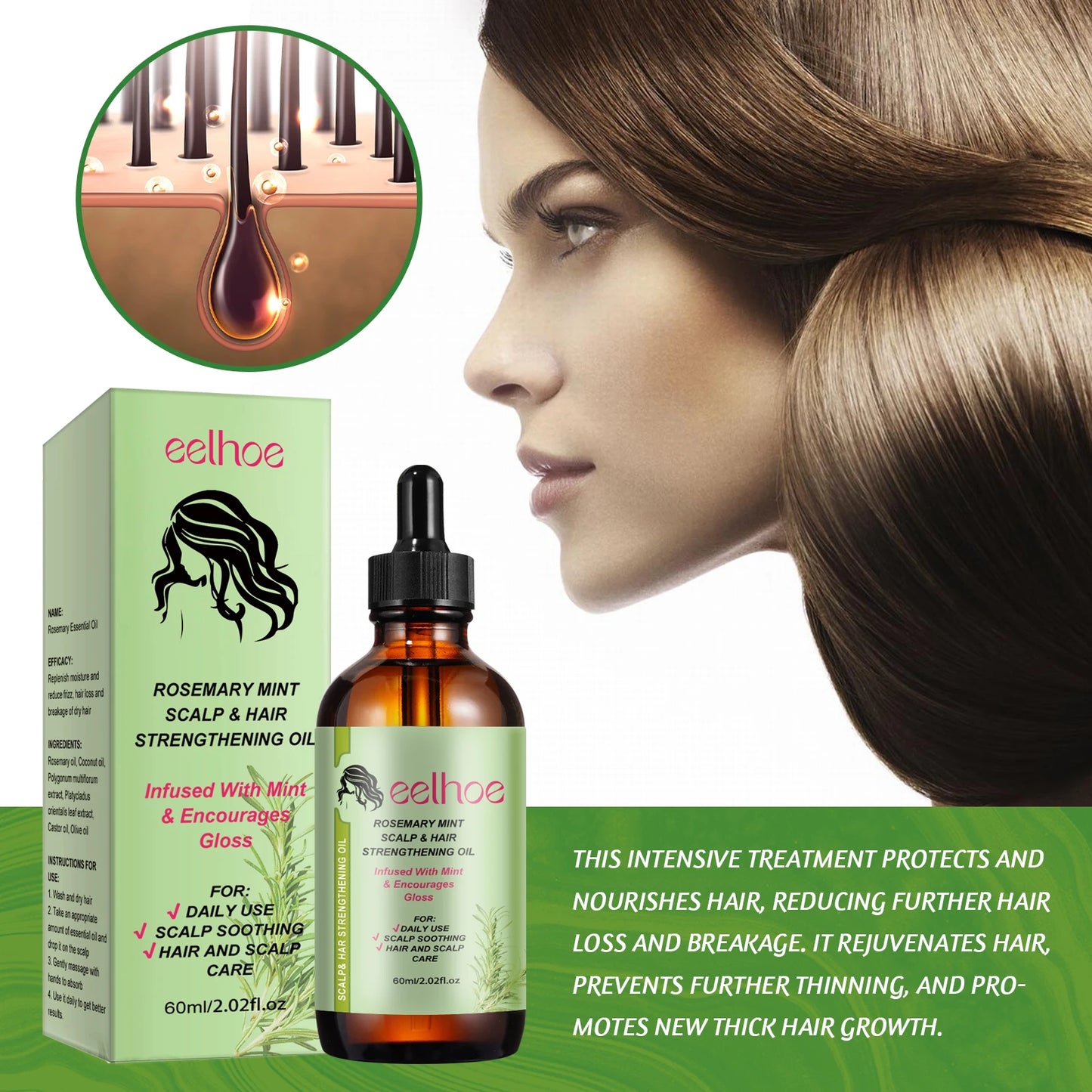 Eelhoe Rosemary Hair Care Series Promote Hair Growth Nourish Strengthen Roots Relieve Scalp Tension Dense Hair Oil With Brush