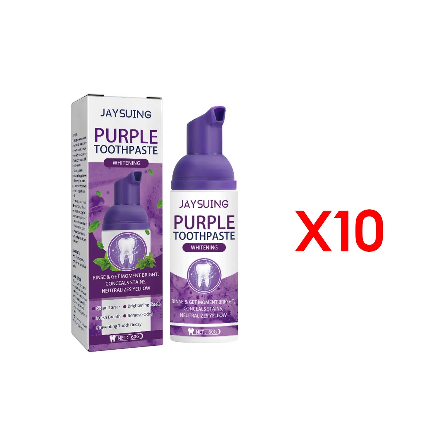 Jaysuing Gums Care Mint Teeth Whitening Mousse Yellow Cleaning Tooth Stains Desalinating Oral Odor Remove Purple Toothpaste 60ml
