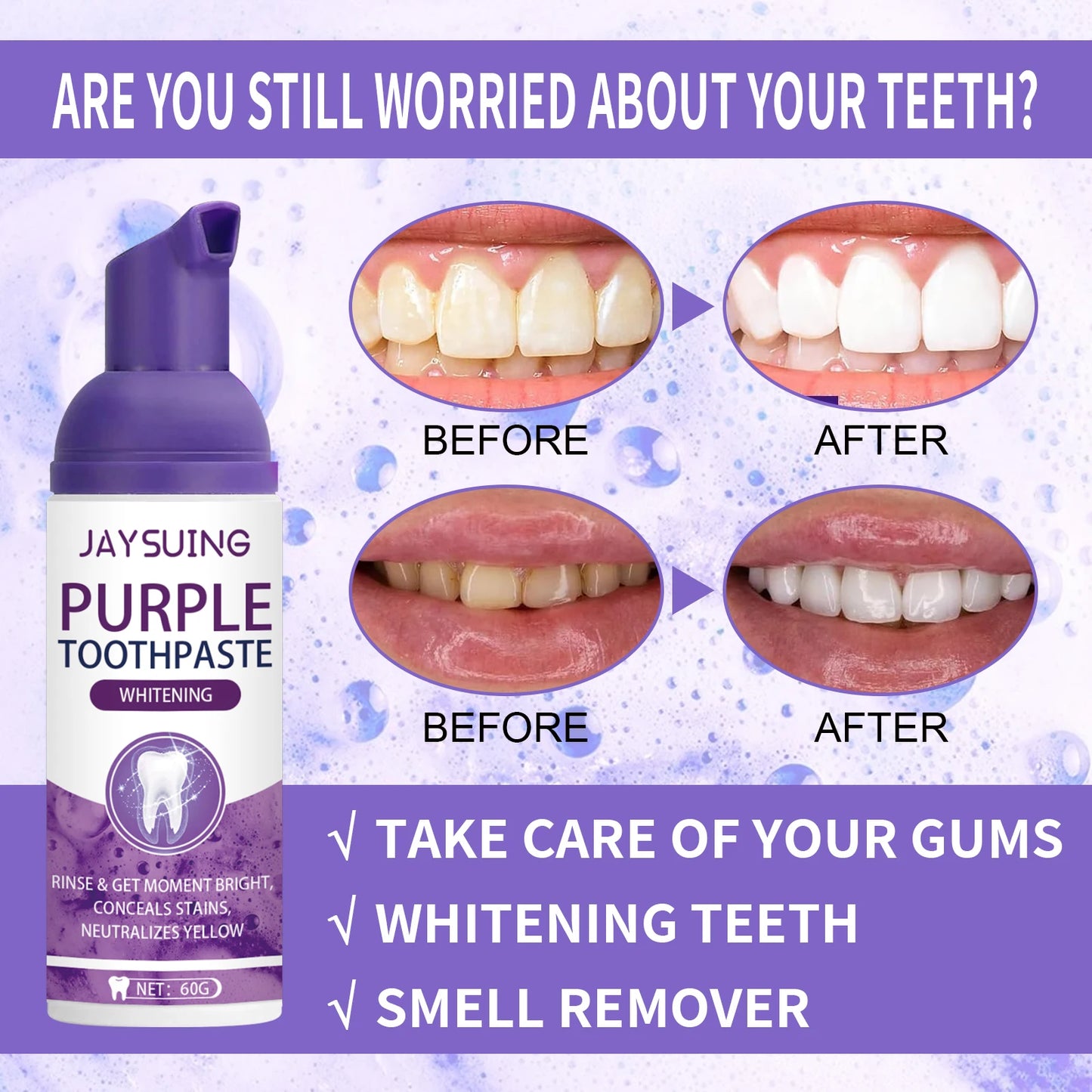 Jaysuing Gums Care Mint Teeth Whitening Mousse Yellow Cleaning Tooth Stains Desalinating Oral Odor Remove Purple Toothpaste 60ml