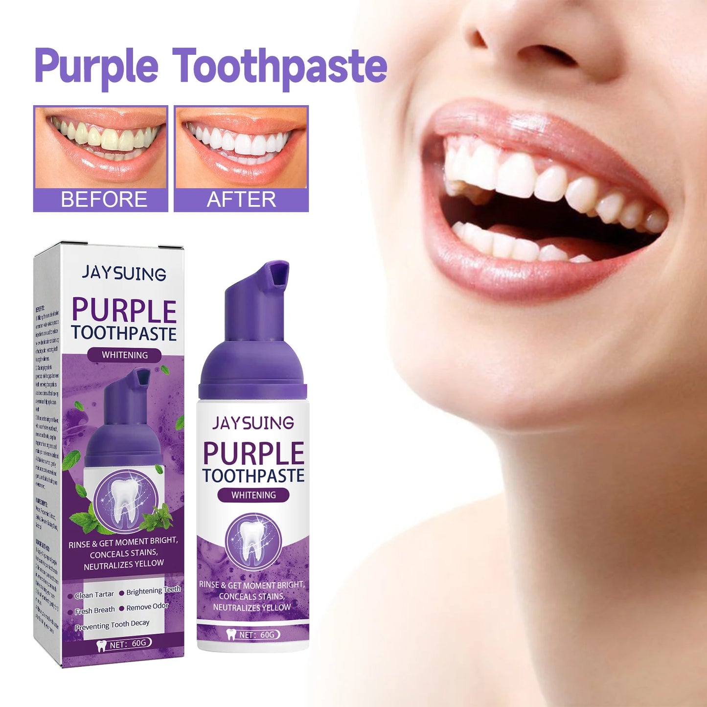 Jaysuing Gums Care Mint Teeth Whitening Mousse Yellow Cleaning Tooth Stains Desalinating Oral Odor Remove Purple Toothpaste 60ml