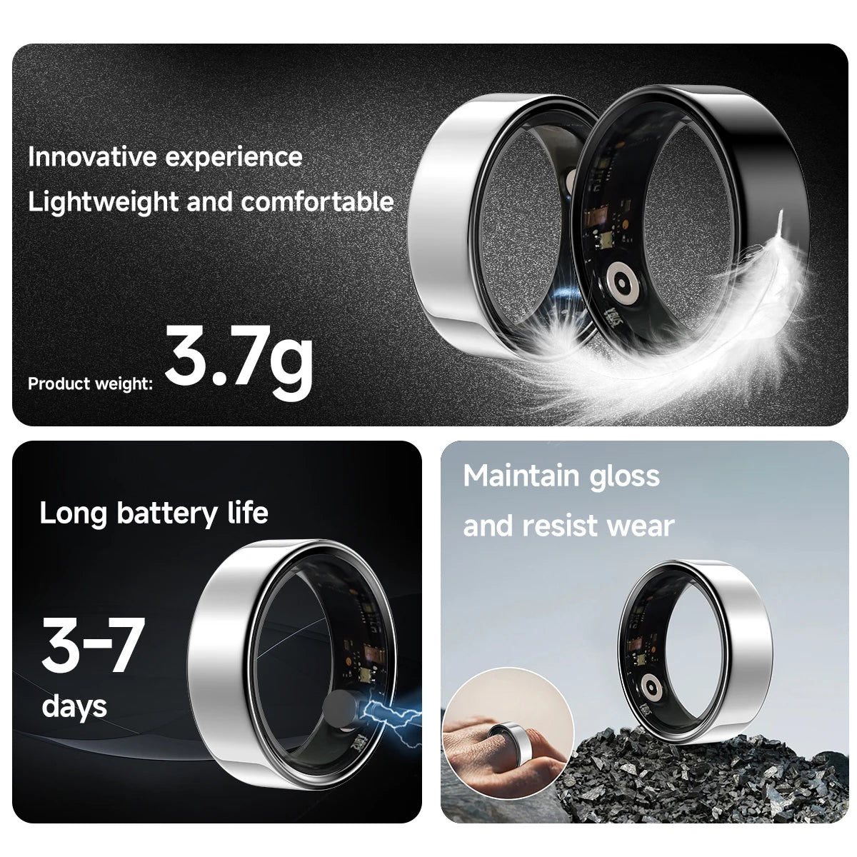 2025 New Healthy Smart Ring Sleep Blood Pressure Monitoring IP68 Waterproof Multi-sport Modes Low Power Ring For Women Men