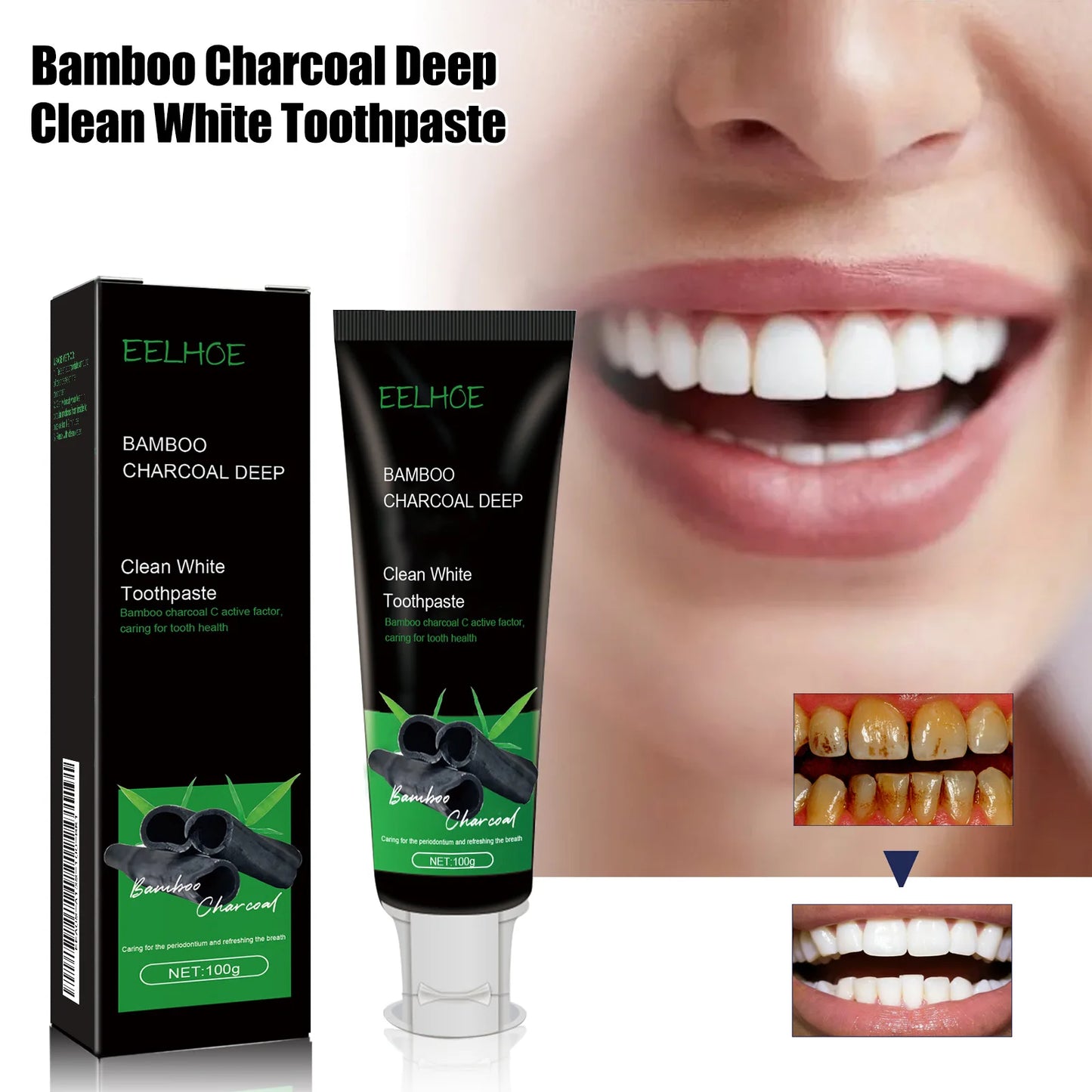 Eelhoe Black Bamboo Charcoal Toothpaste Clean Teeth Yellow Teeth Bad Breath Remover Oral Care Dark Teeth Brightening Toothpaste