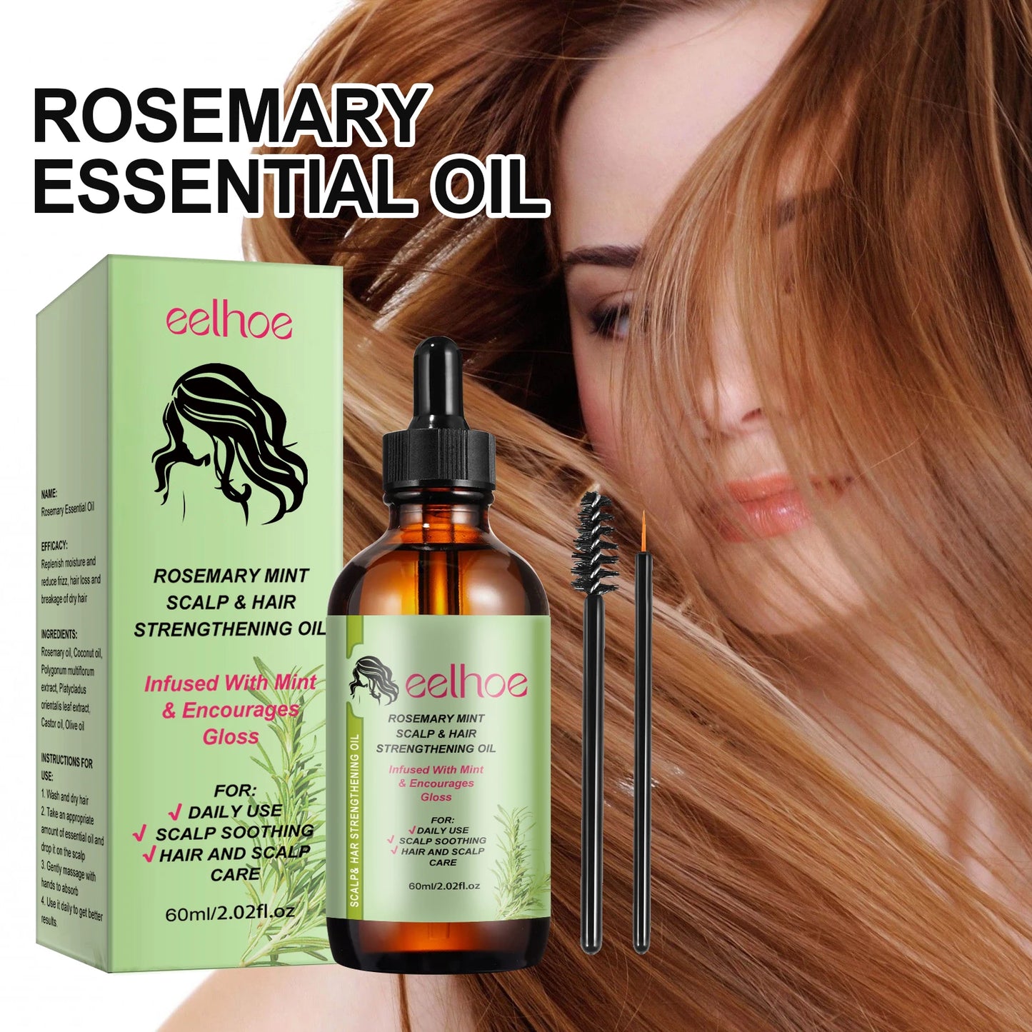 Eelhoe Rosemary Hair Care Series Promote Hair Growth Nourish Strengthen Roots Relieve Scalp Tension Dense Hair Oil With Brush