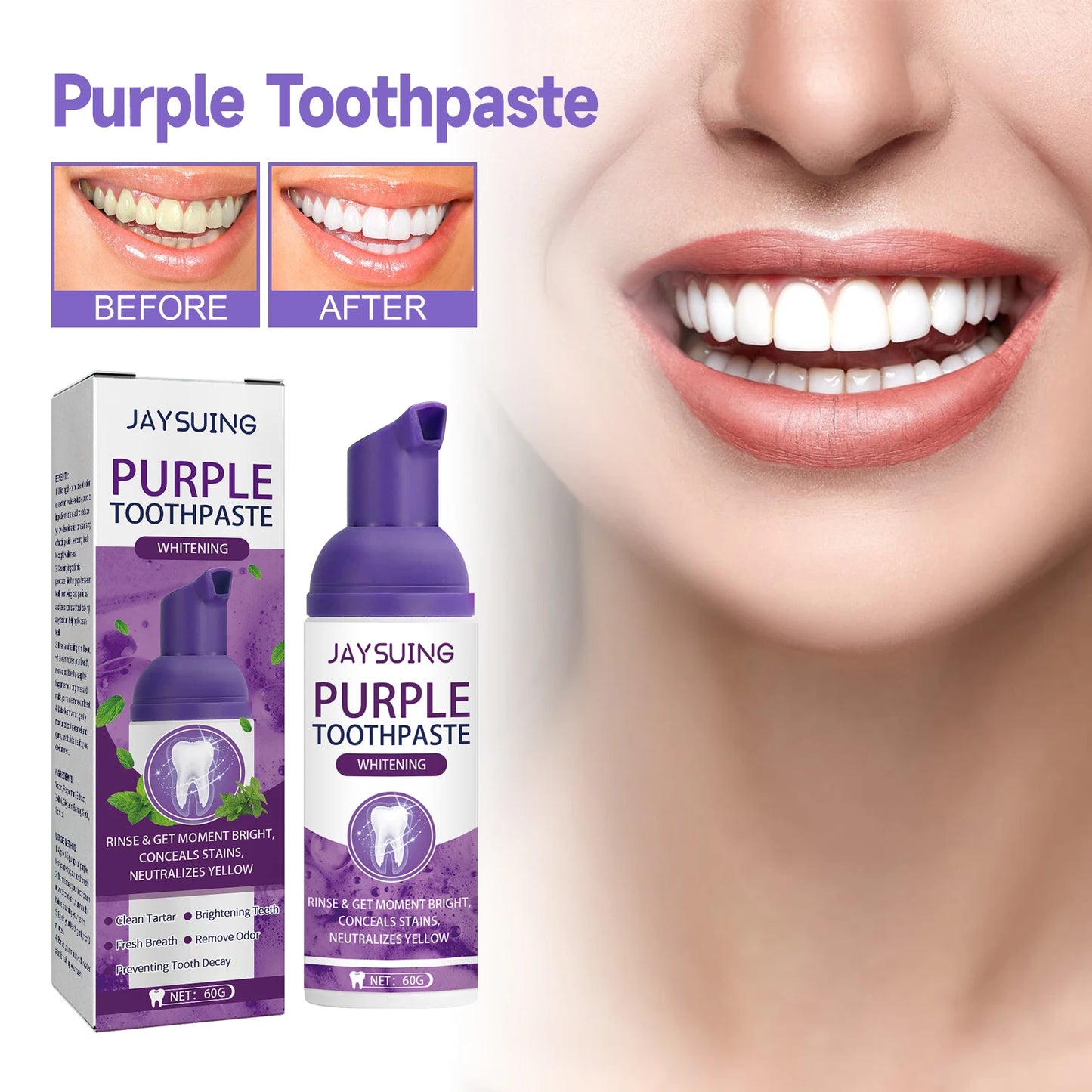 Jaysuing Gums Care Mint Teeth Whitening Mousse Yellow Cleaning Tooth Stains Desalinating Oral Odor Remove Purple Toothpaste 60ml