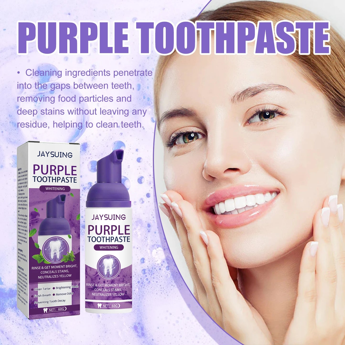 Jaysuing Gums Care Mint Teeth Whitening Mousse Yellow Cleaning Tooth Stains Desalinating Oral Odor Remove Purple Toothpaste 60ml