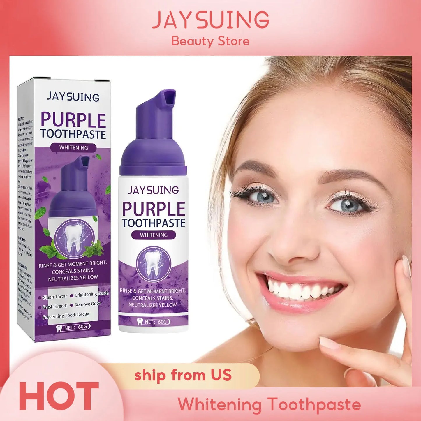 Jaysuing Gums Care Mint Teeth Whitening Mousse Yellow Cleaning Tooth Stains Desalinating Oral Odor Remove Purple Toothpaste 60ml
