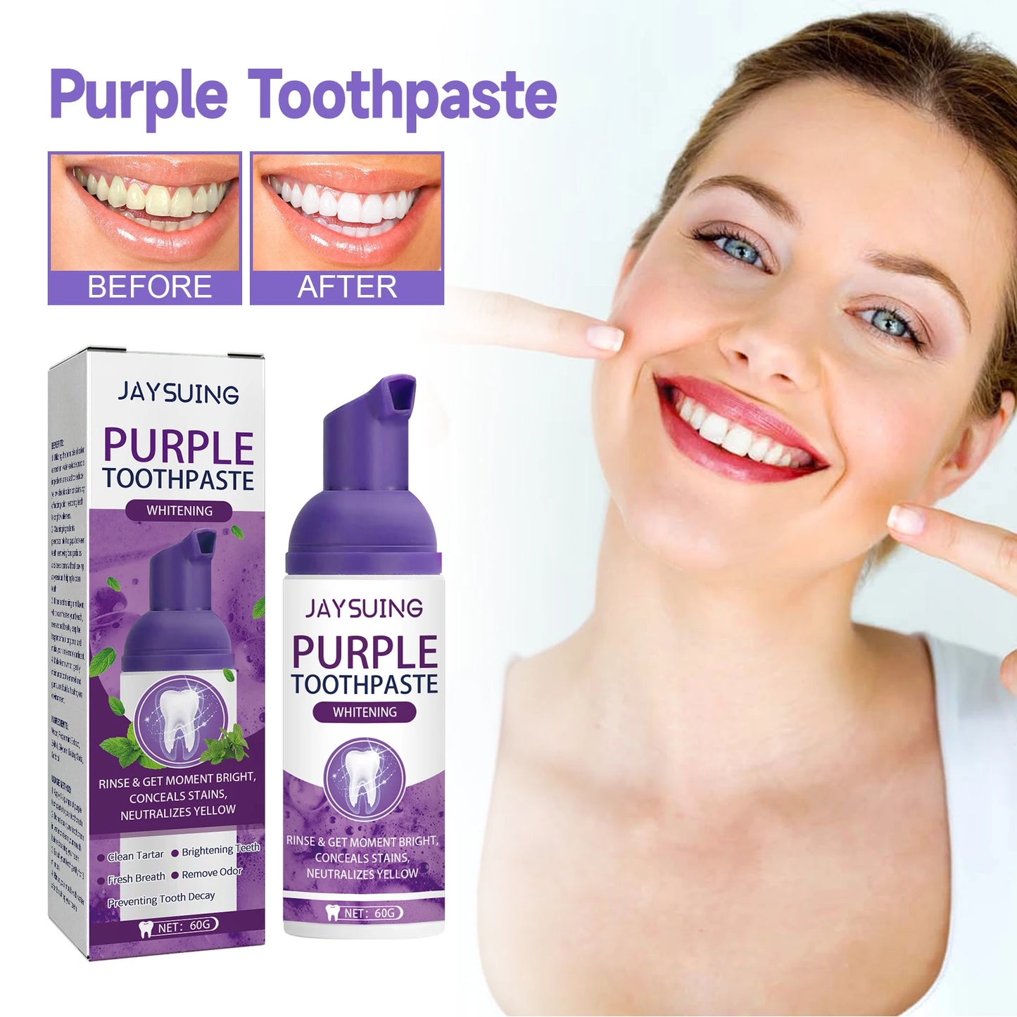 Jaysuing Gums Care Mint Teeth Whitening Mousse Yellow Cleaning Tooth Stains Desalinating Oral Odor Remove Purple Toothpaste 60ml