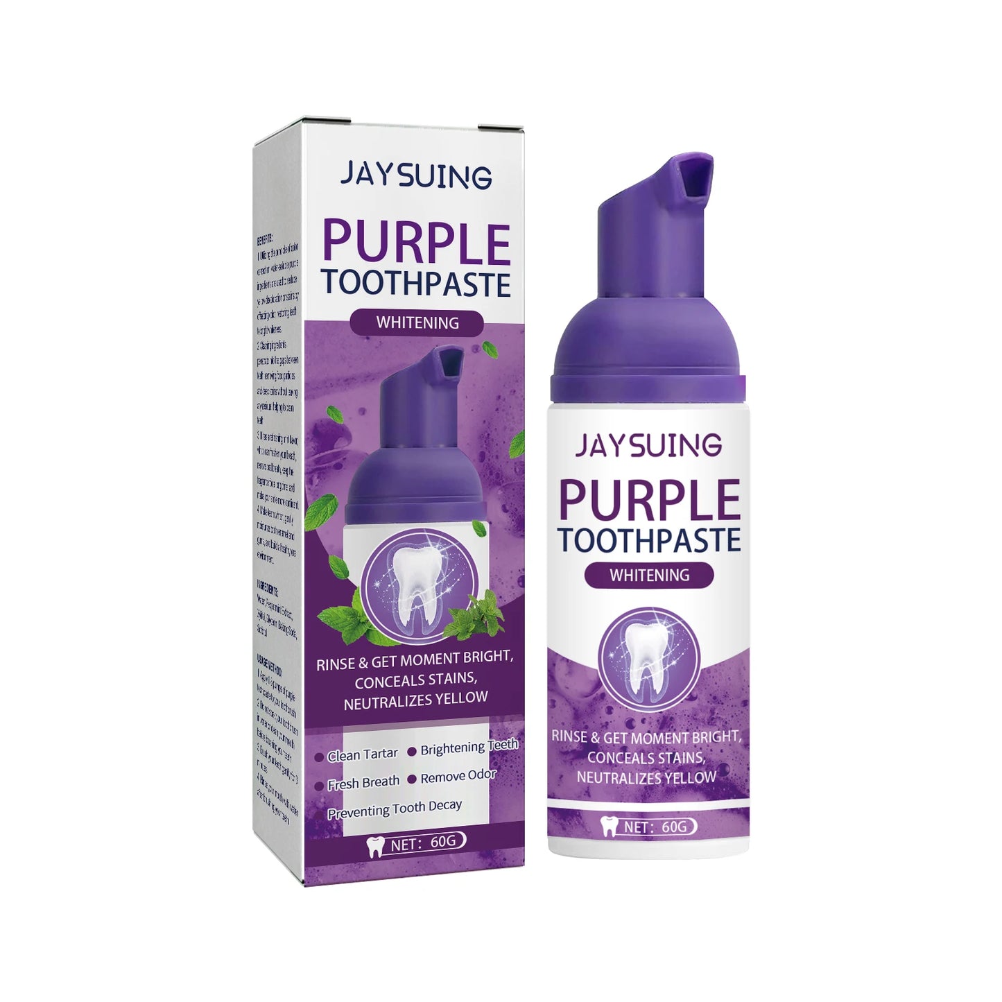 Jaysuing Gums Care Mint Teeth Whitening Mousse Yellow Cleaning Tooth Stains Desalinating Oral Odor Remove Purple Toothpaste 60ml