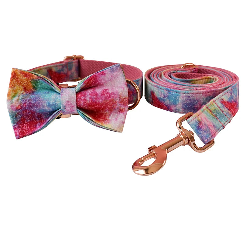 Pet Dog Cat Rainbow printing Collar Leash Set With Bling Bow Pet Puppy Neck Strap For French Bulldog Dogs Powdery bottom 01