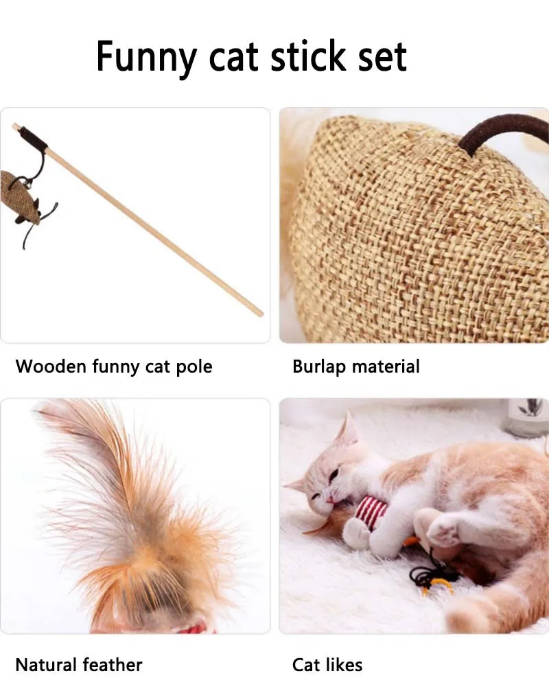 Wood Cat Toy Feather Set Interactive For Pets Fishing Rod Funny Pet Products Mouse Paw Games Cute Toys Linen Cats Stick Dropship