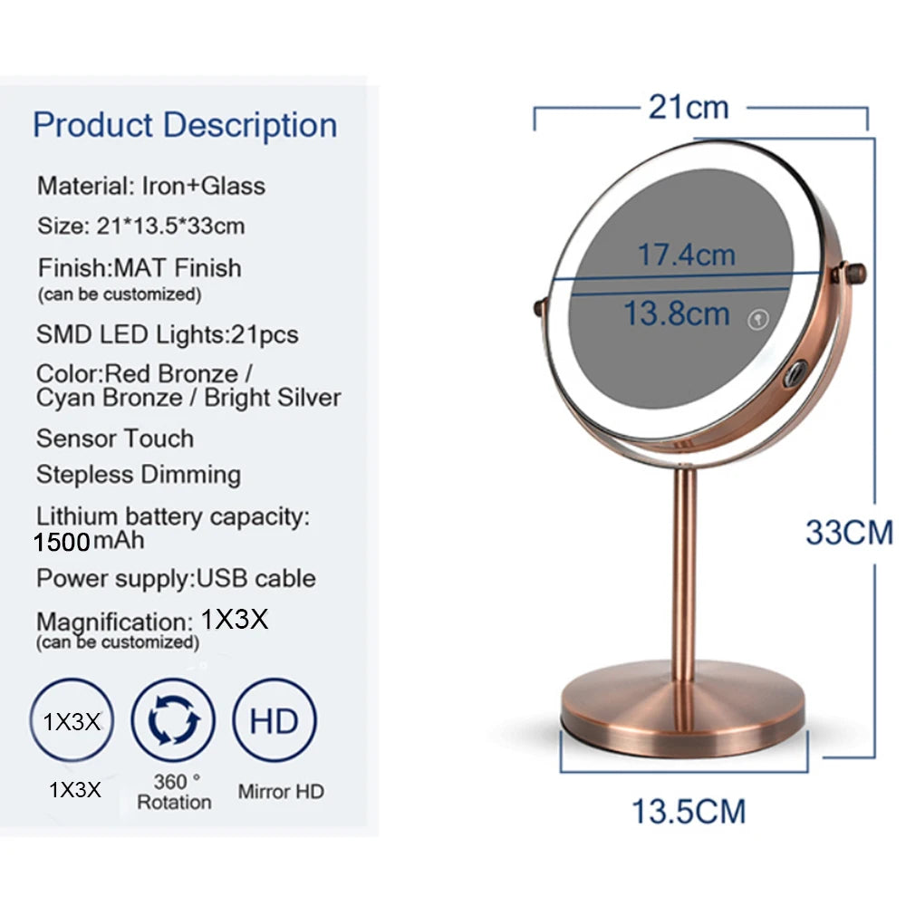 7in 3X Magnifying Cosmetic Mirror with USB Charging Touch Bath Vanity Dimmer Switch Make up Double Side Desktop Mirror
