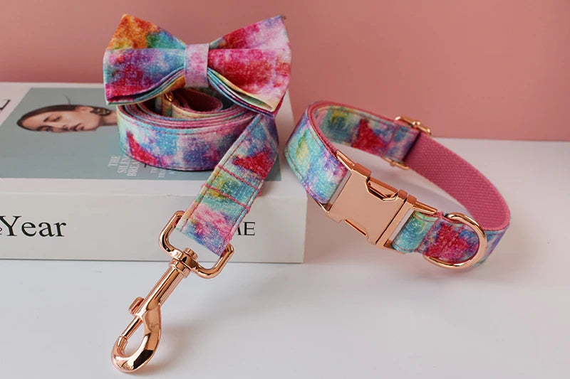 Pet Dog Cat Rainbow printing Collar Leash Set With Bling Bow Pet Puppy Neck Strap For French Bulldog Dogs Powdery bottom 01