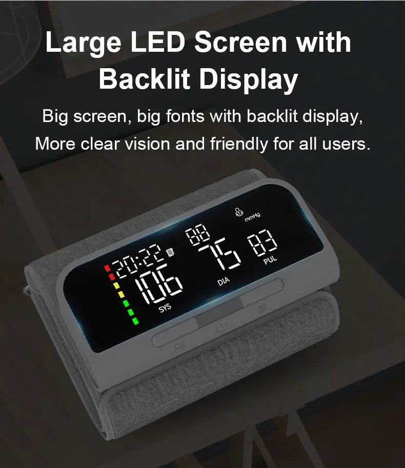 Full Upper Arm Blood Pressure Monitor Rechargeable Digital Three Color LCD large Screen Blood Pressure Monitor With Voice