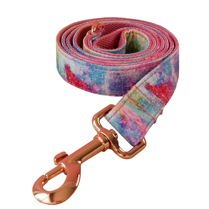 Pet Dog Cat Rainbow printing Collar Leash Set With Bling Bow Pet Puppy Neck Strap For French Bulldog Dogs Powdery bottom 01