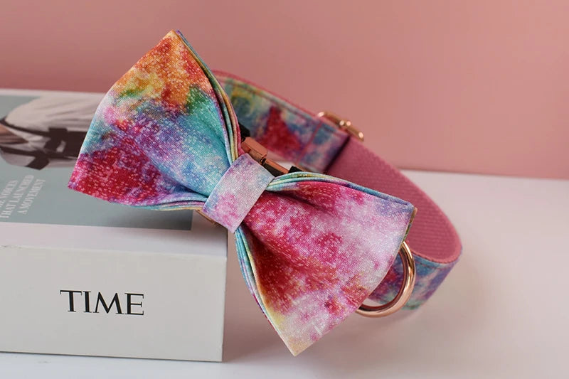 Pet Dog Cat Rainbow printing Collar Leash Set With Bling Bow Pet Puppy Neck Strap For French Bulldog Dogs Powdery bottom 01