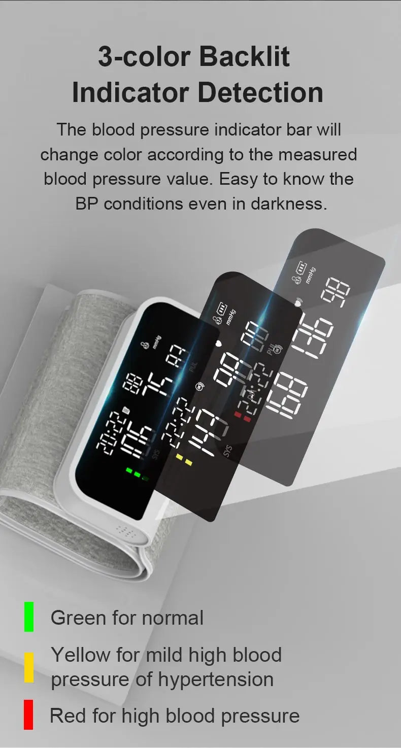 Full Upper Arm Blood Pressure Monitor Rechargeable Digital Three Color LCD large Screen Blood Pressure Monitor With Voice