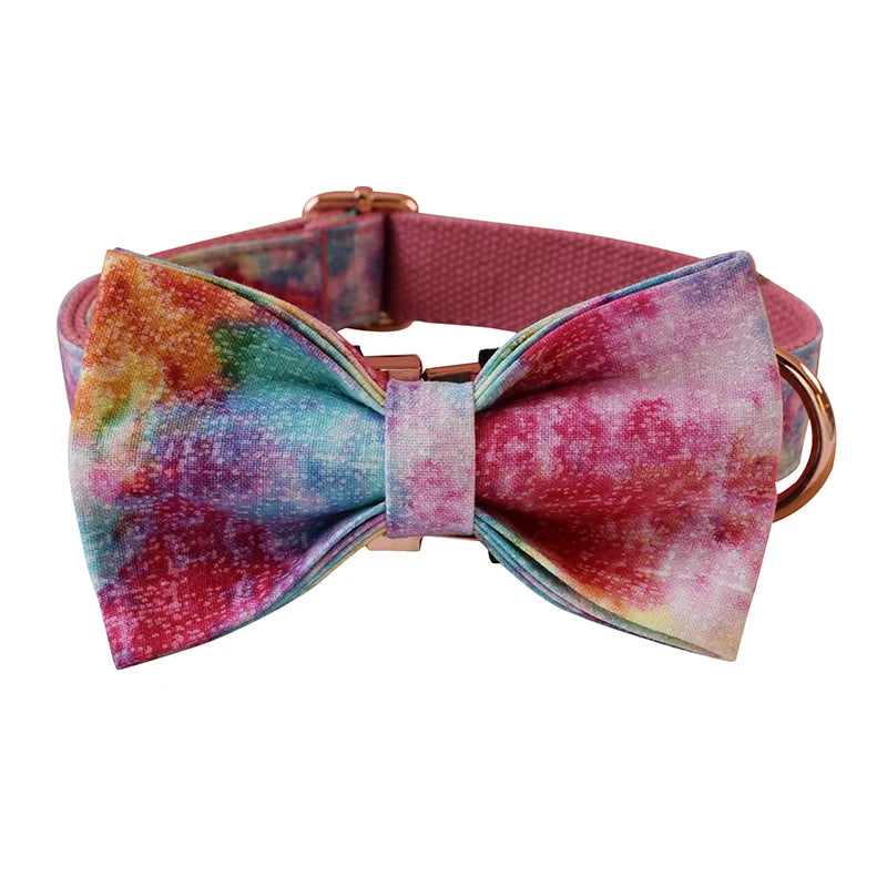 Pet Dog Cat Rainbow printing Collar Leash Set With Bling Bow Pet Puppy Neck Strap For French Bulldog Dogs Powdery bottom 01