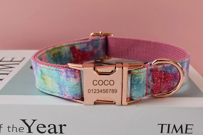 Pet Dog Cat Rainbow printing Collar Leash Set With Bling Bow Pet Puppy Neck Strap For French Bulldog Dogs Powdery bottom 01
