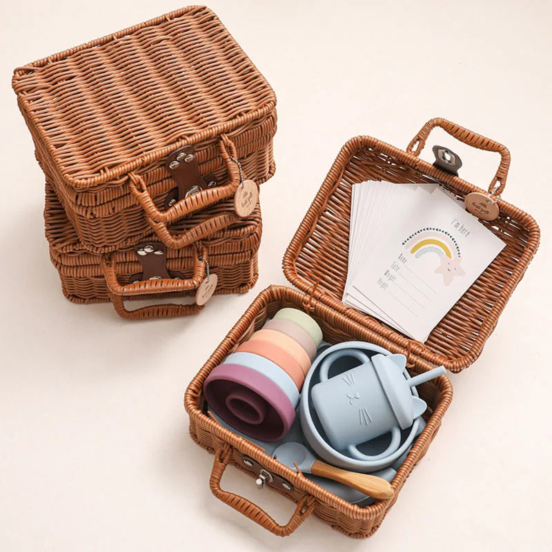 Baby Soild Food Feeding Tableware Box Set Baby Silicone Rainbow Stacking Toy Kids Birth Vintage Dishes Gifts Box